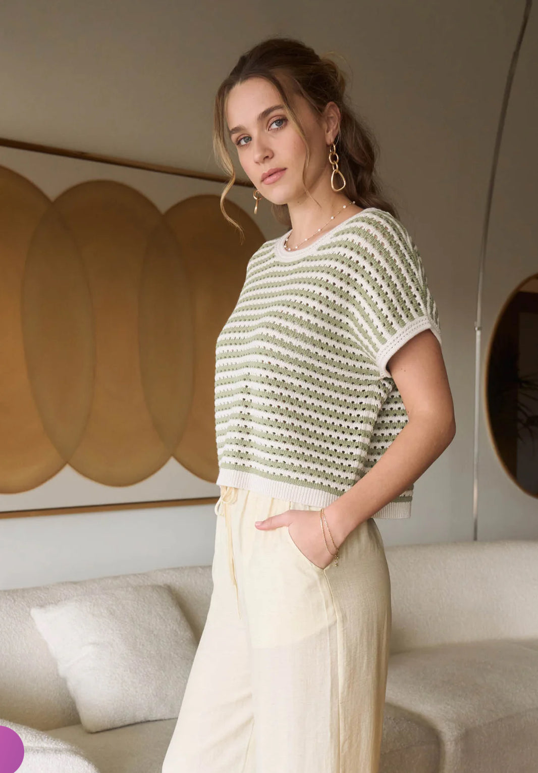 Stripe Crochet Knit Batwing Short Sleeve Sweater