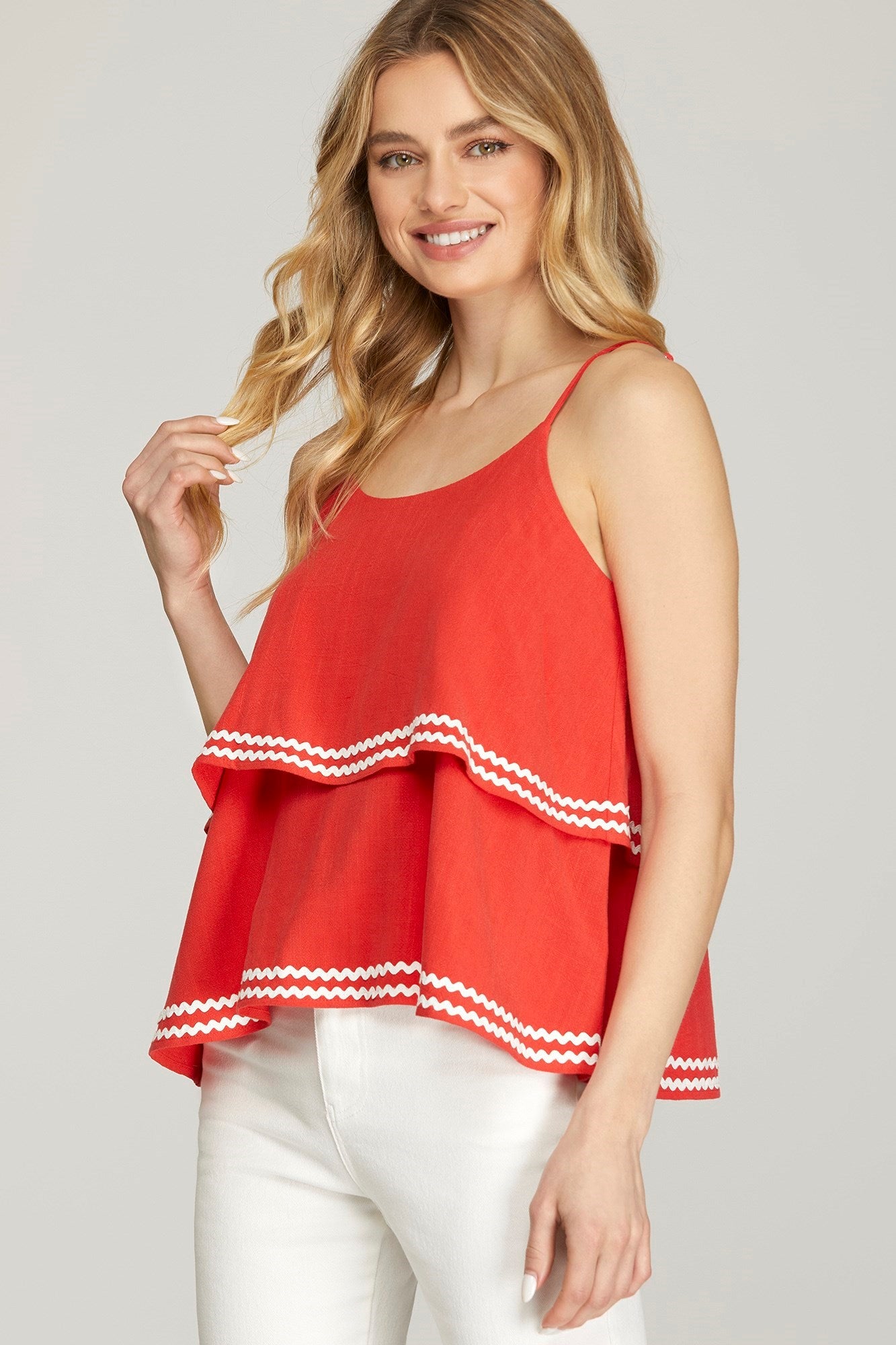 Red Tiered Scallop Trim Tank Top