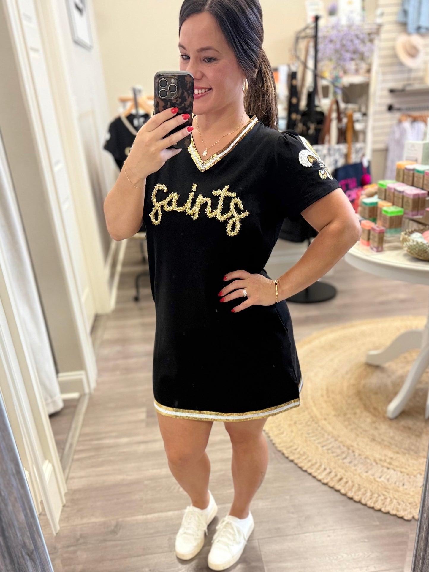Black & Gold Gameday Glitter Script Tinsel Dress