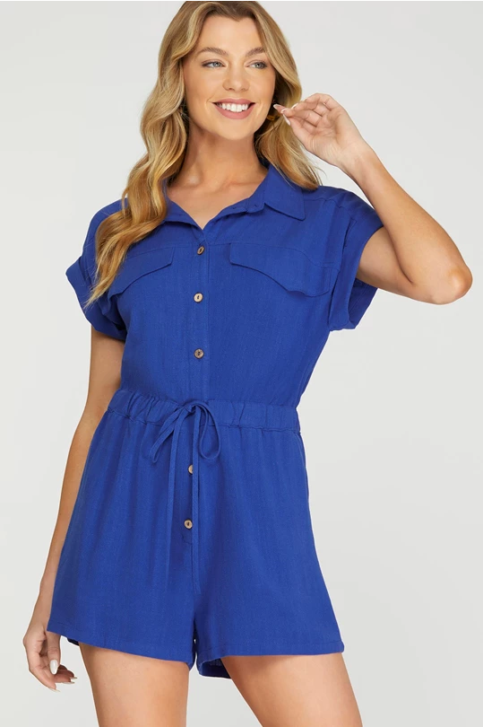 Solid Collared Button Up Tie Waist Romper