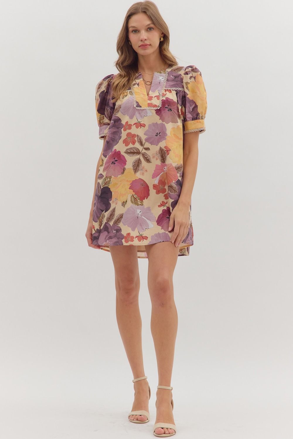 Golden Bloom Puff Sleeve Dress