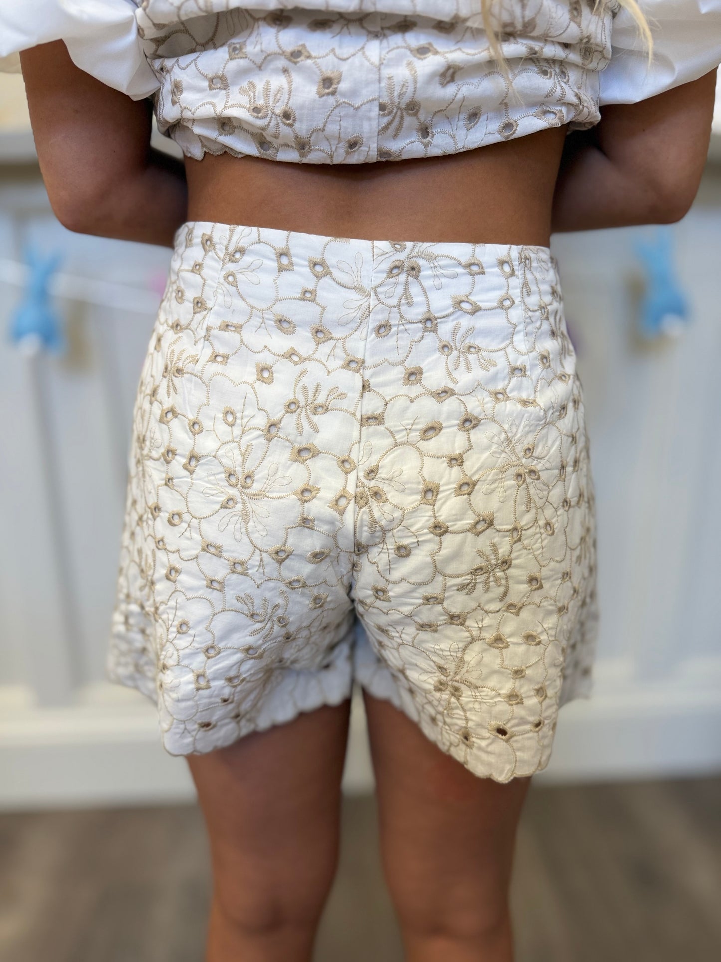 Taupe Embroidered Eyelet Shorts