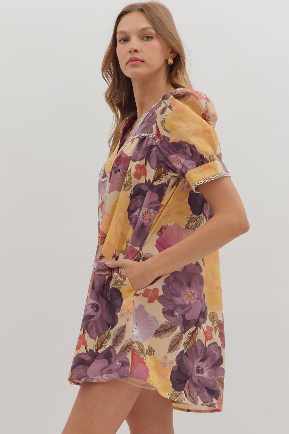 Golden Bloom Puff Sleeve Dress