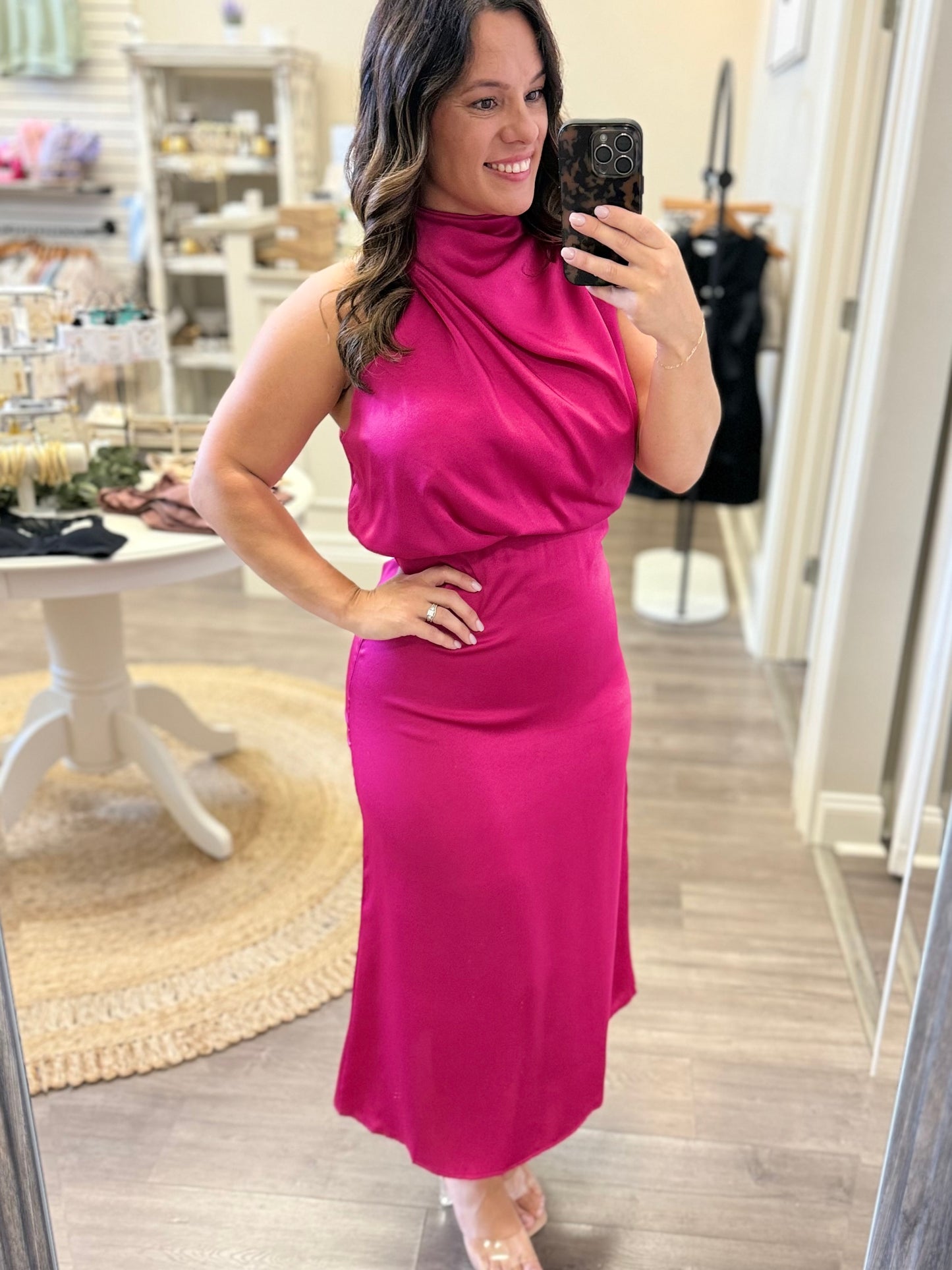 Draped High-Neck Satin Midi Dress