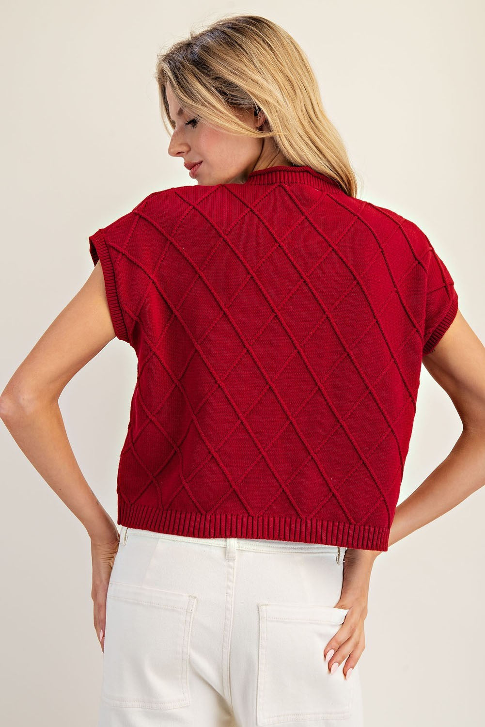 Textured Diamond Knit Cap Sleeve Sweater