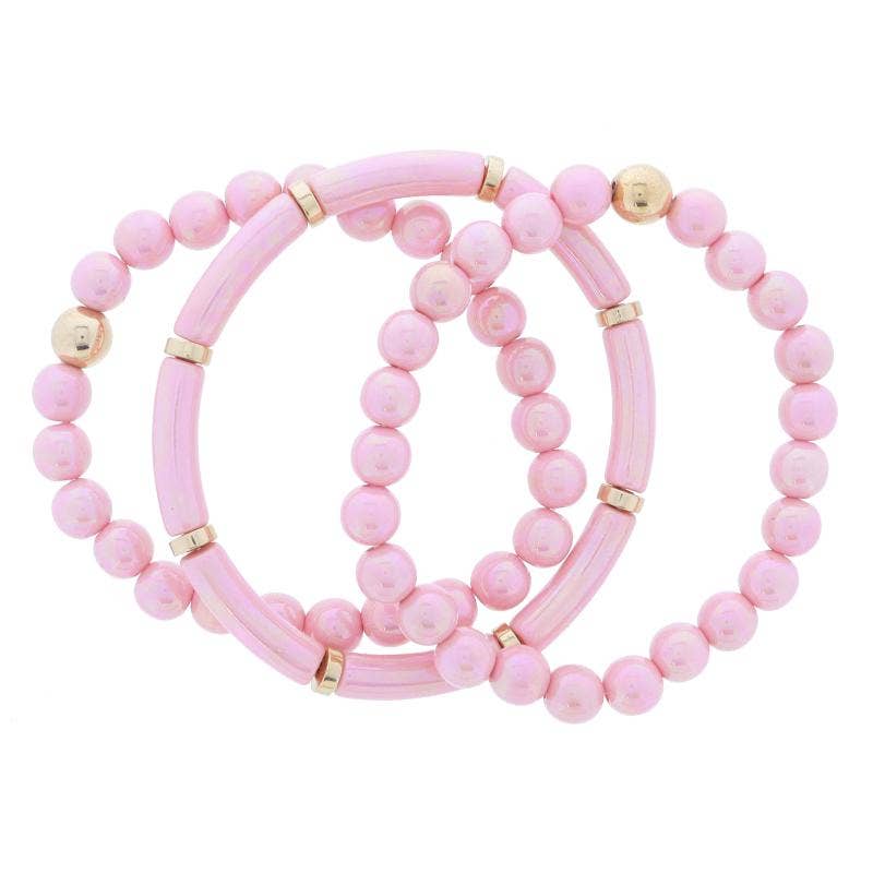Set of 3, Iridescent Light Pink Beaded Bracelet