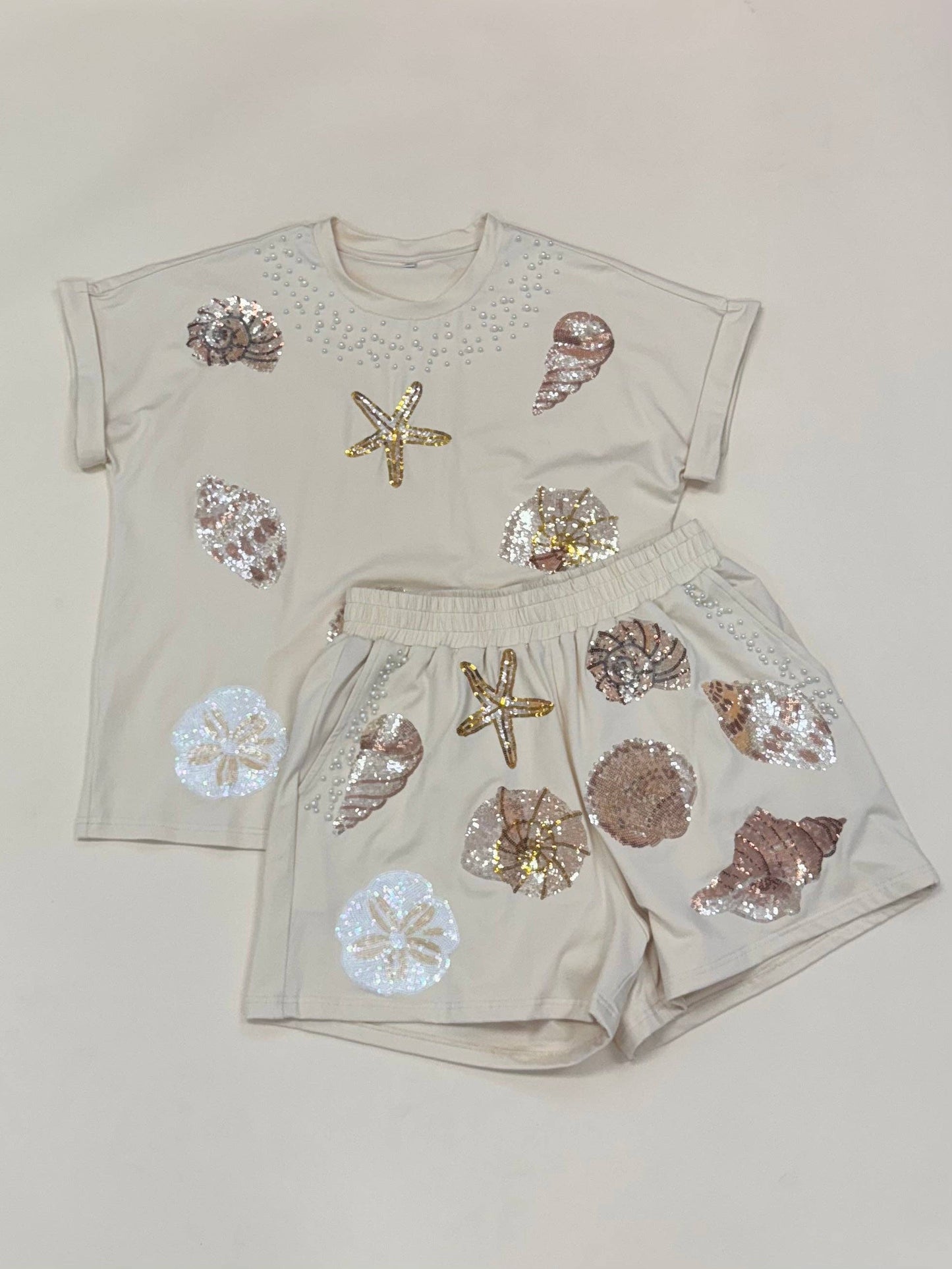 Seashells Sequin & Pearl 2 Piece Set (Cream)