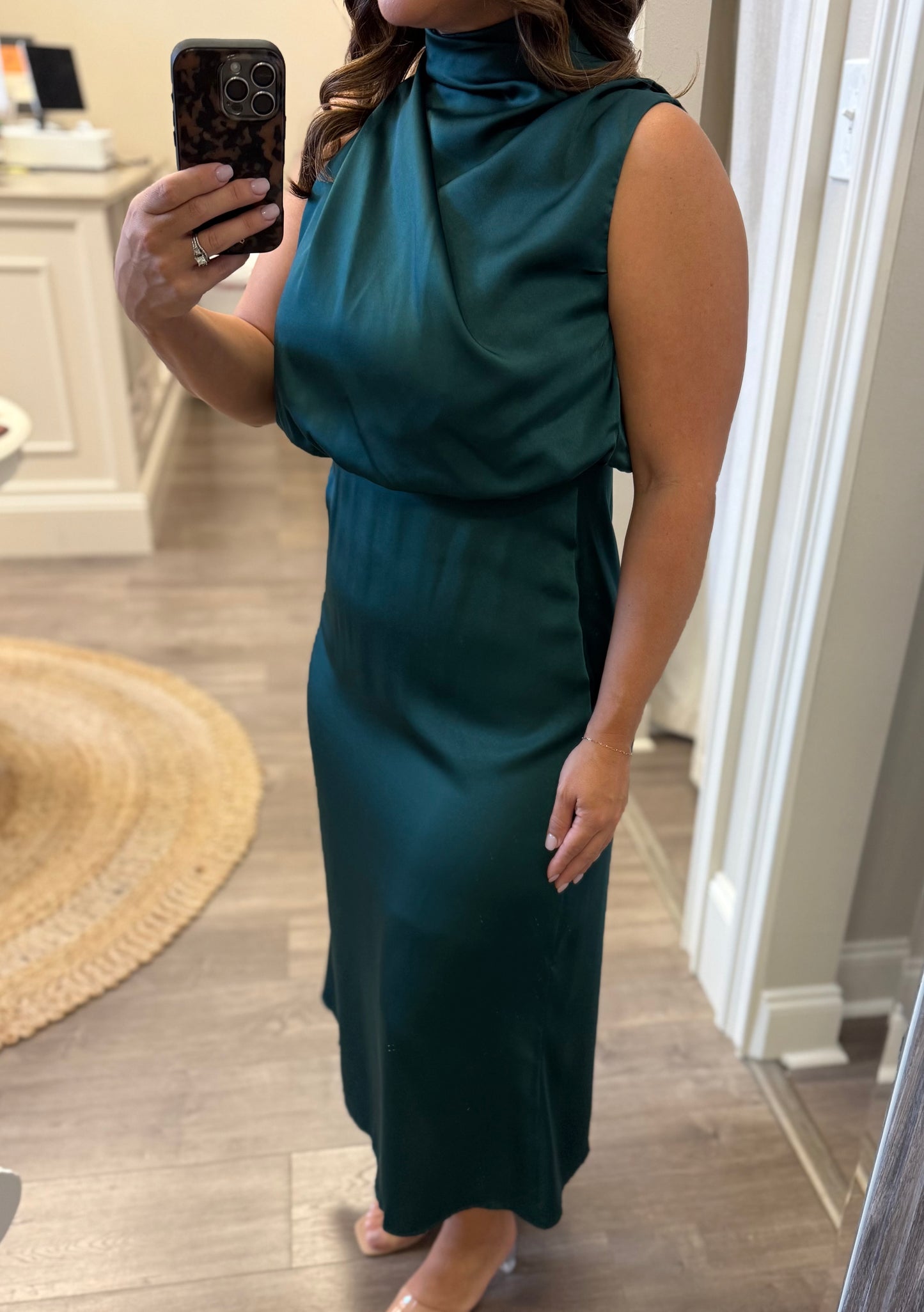 Draped High-Neck Satin Midi Dress