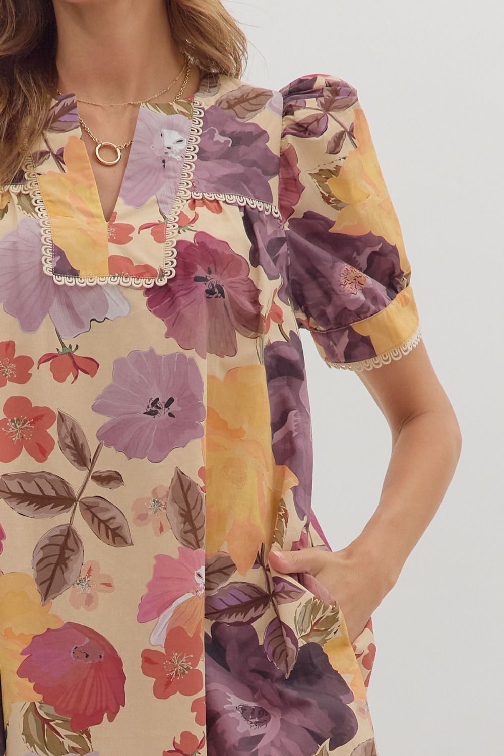 Golden Bloom Puff Sleeve Dress