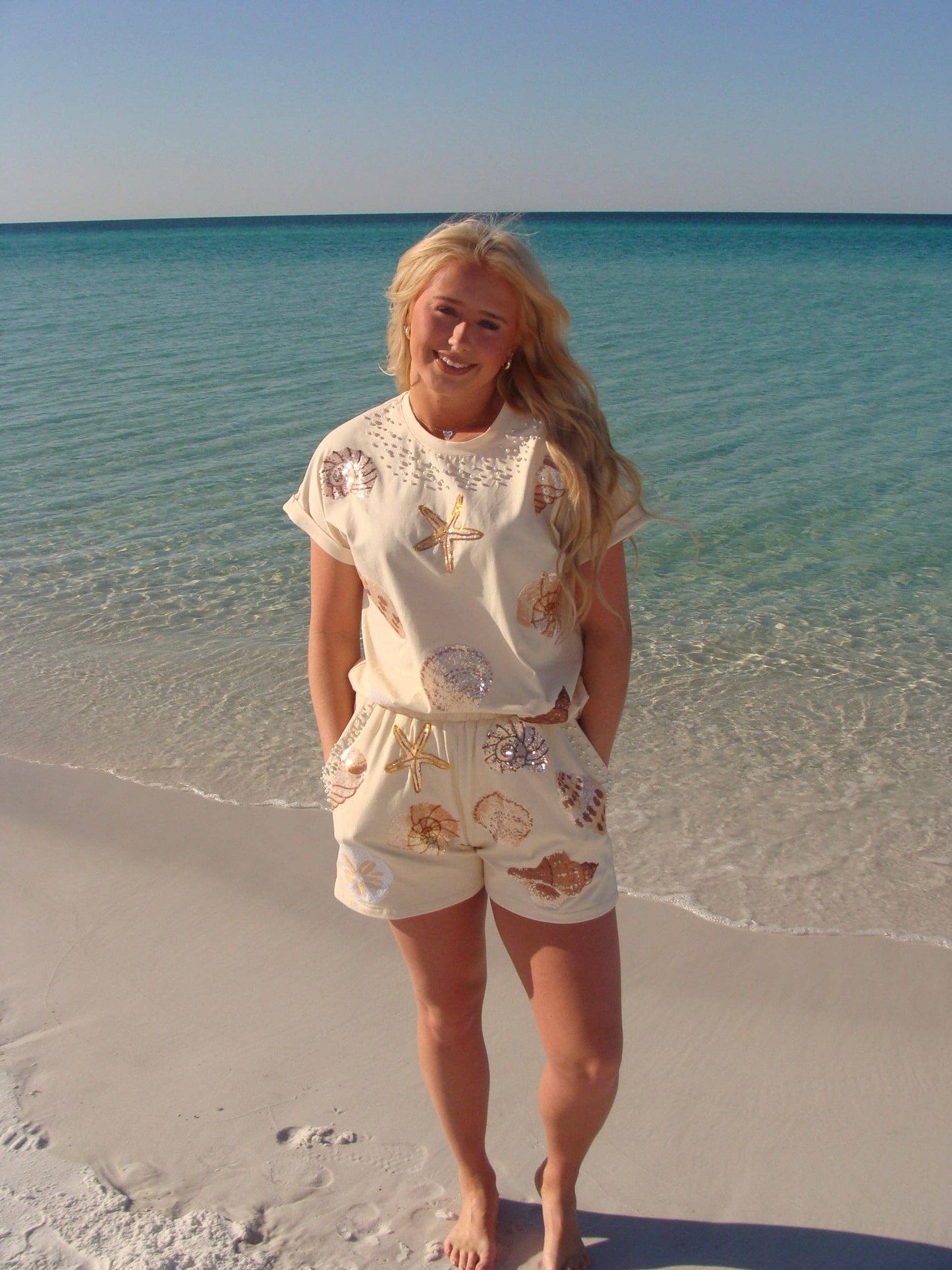Seashells Sequin & Pearl 2 Piece Set (Cream)