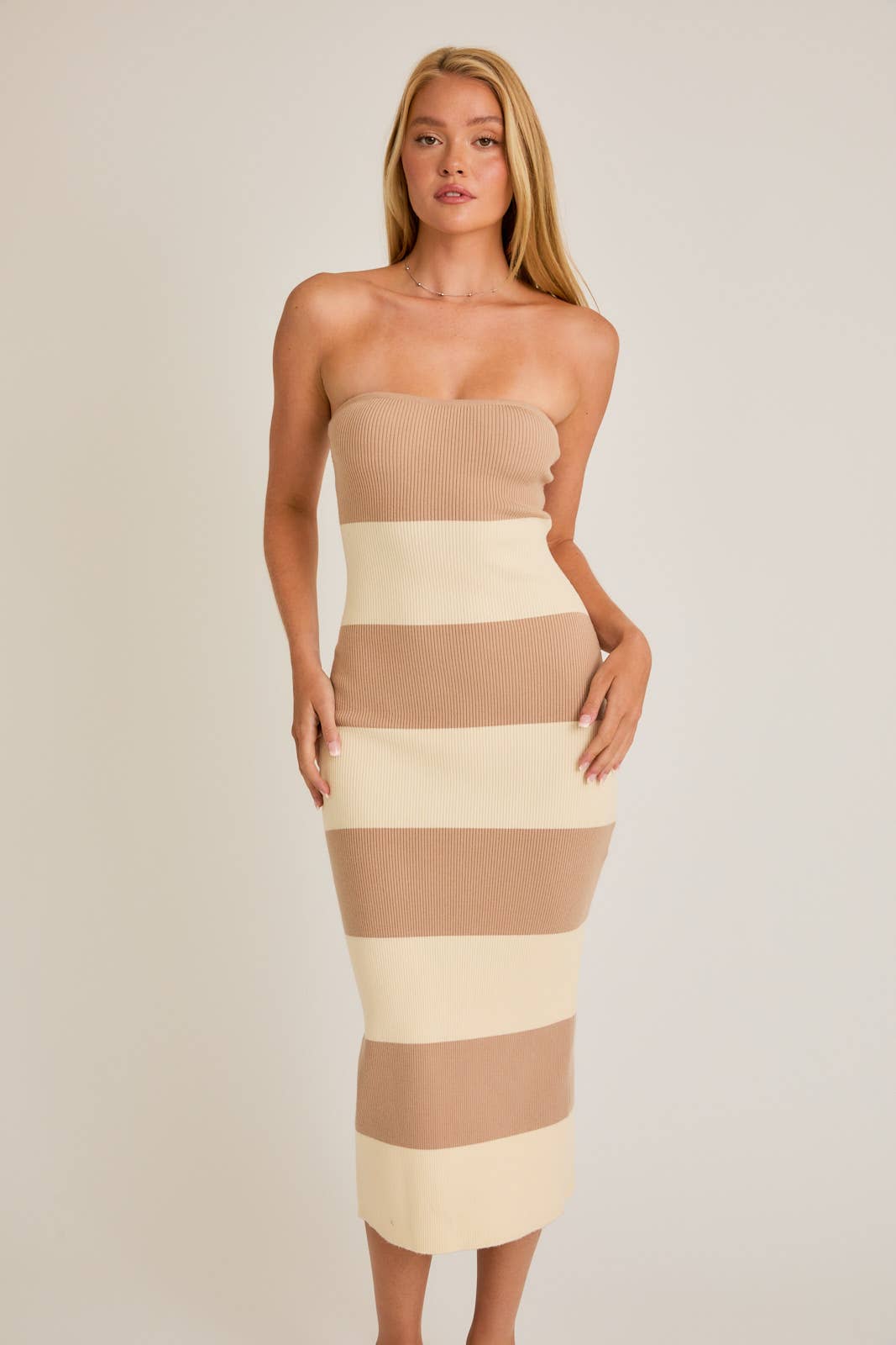 Ivory/Beige Striped Strapless Midi Dress
