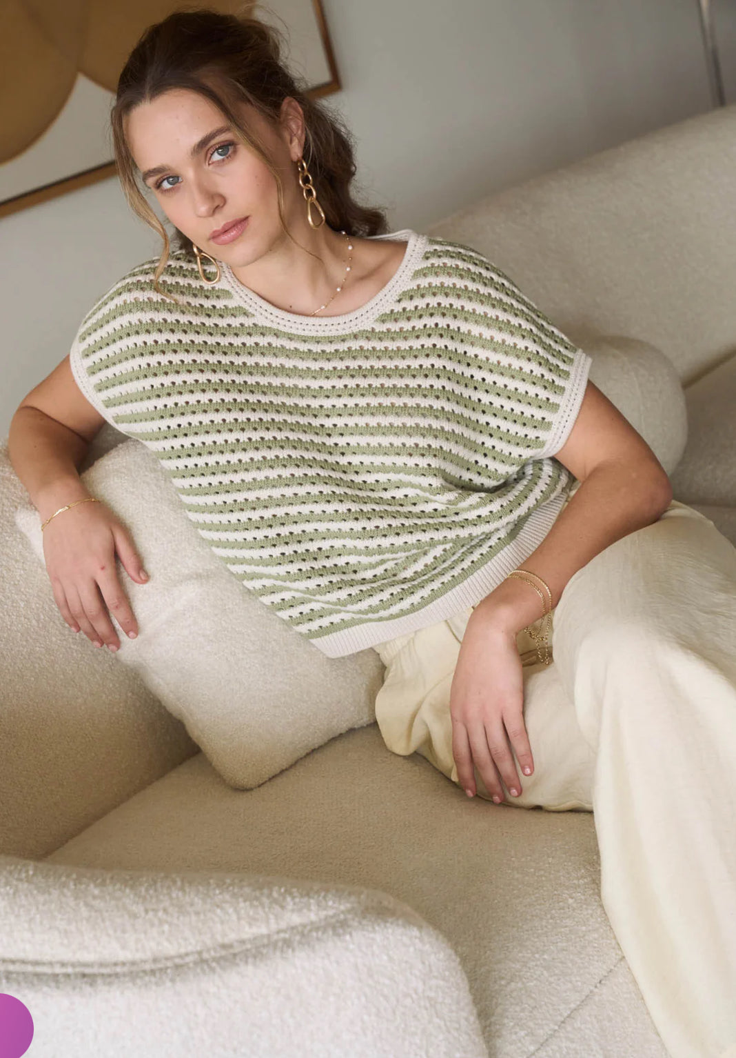 Stripe Crochet Knit Batwing Short Sleeve Sweater