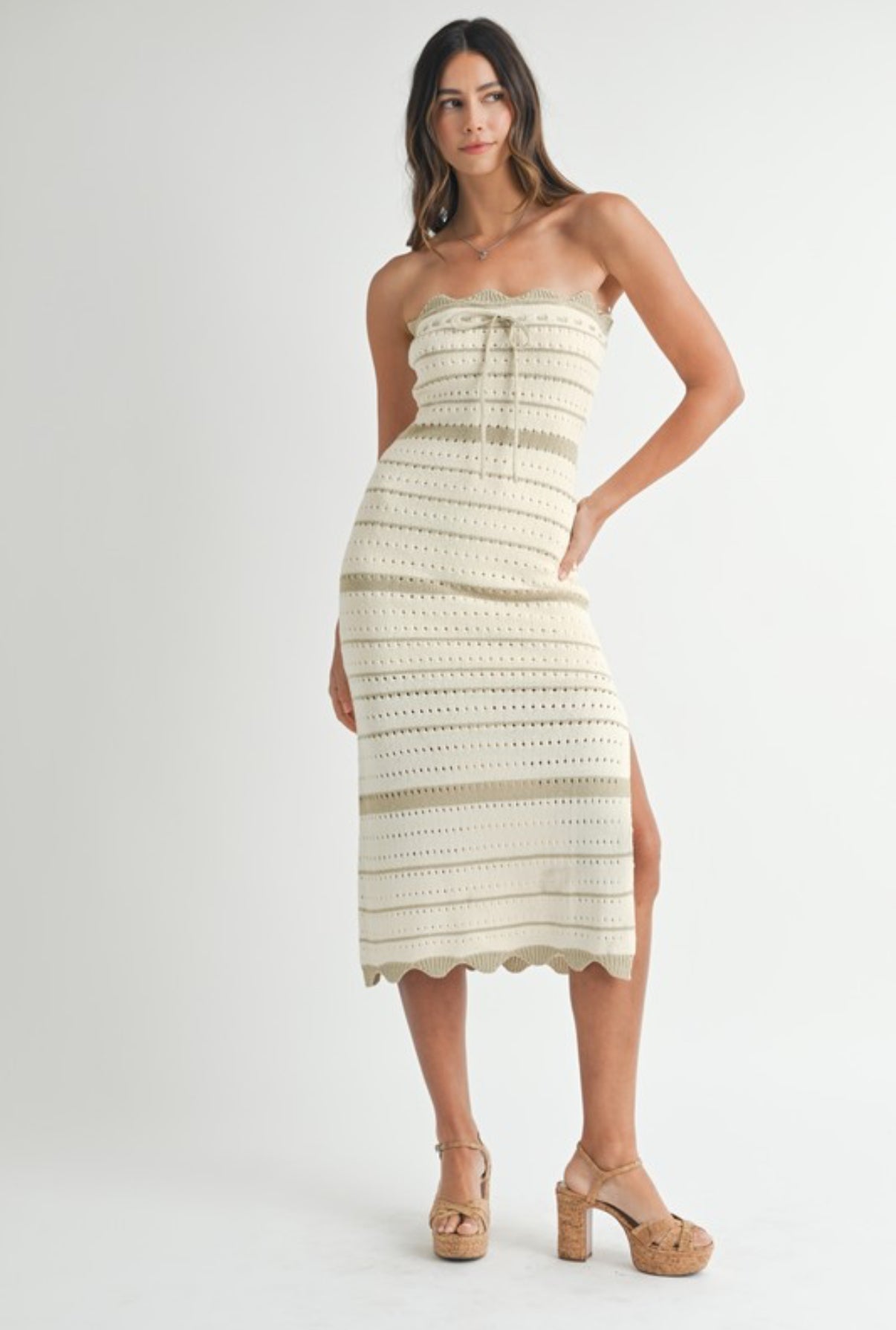 Striped Crochet Knit Midi Dress