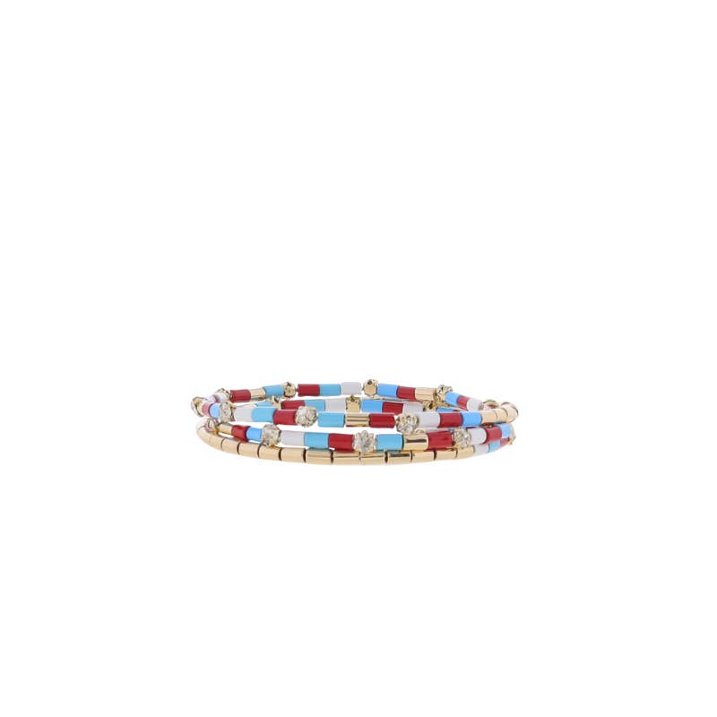 Red, White, Blue Beaded with Crystals Coil Wrap Bracelet