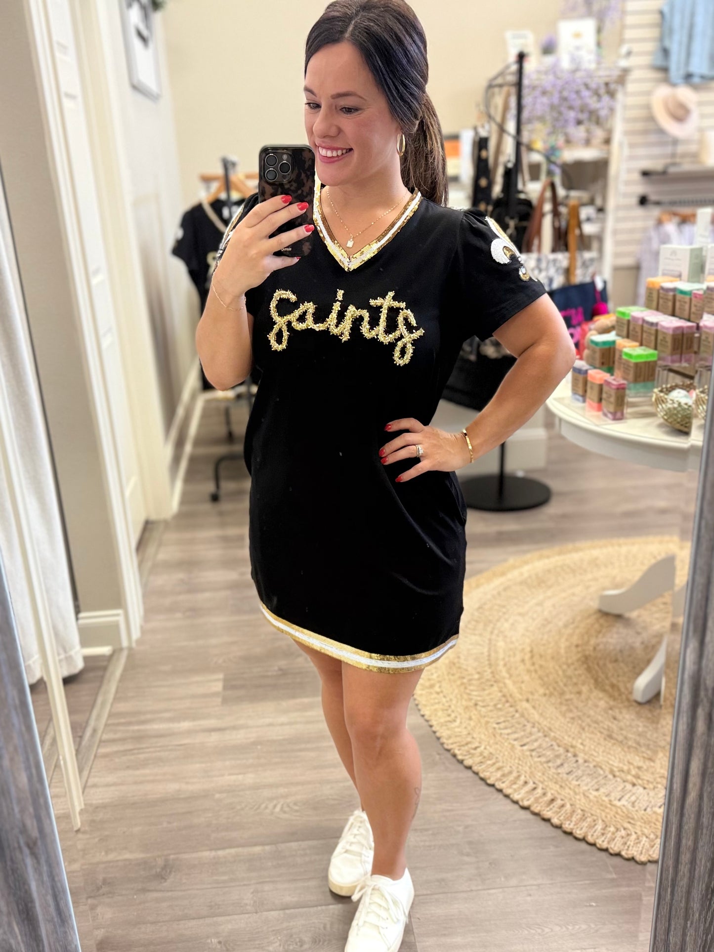 Black & Gold Gameday Glitter Script Tinsel Dress