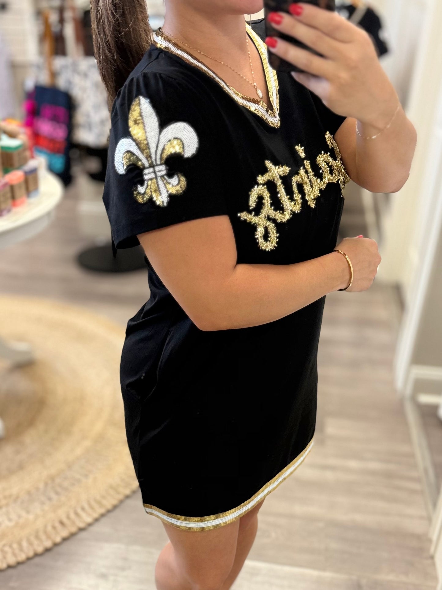Black & Gold Gameday Glitter Script Tinsel Dress