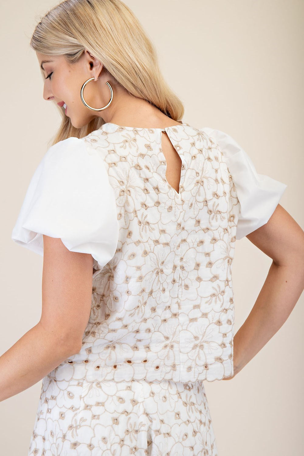 Taupe Embroidered Eyelet Top