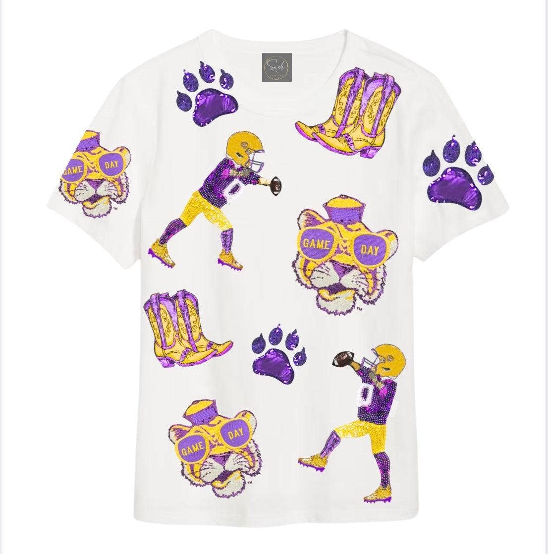 Purple and Yellow Louisiana Tigers Sequin T-Shirt