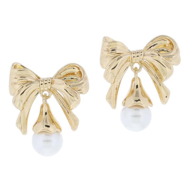Gold Bow Post with Pearl Drop Dangle Earrings