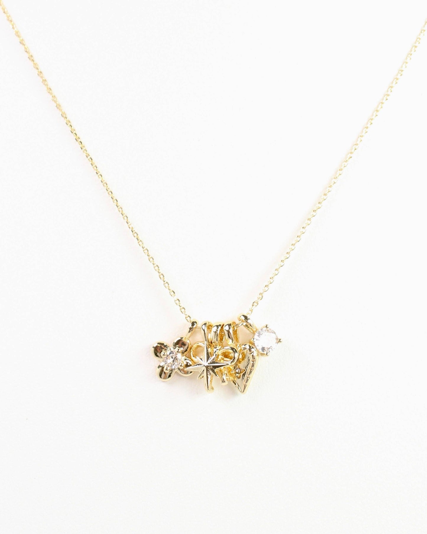 Flower, Bow and Heart Charm Necklace Set Gold