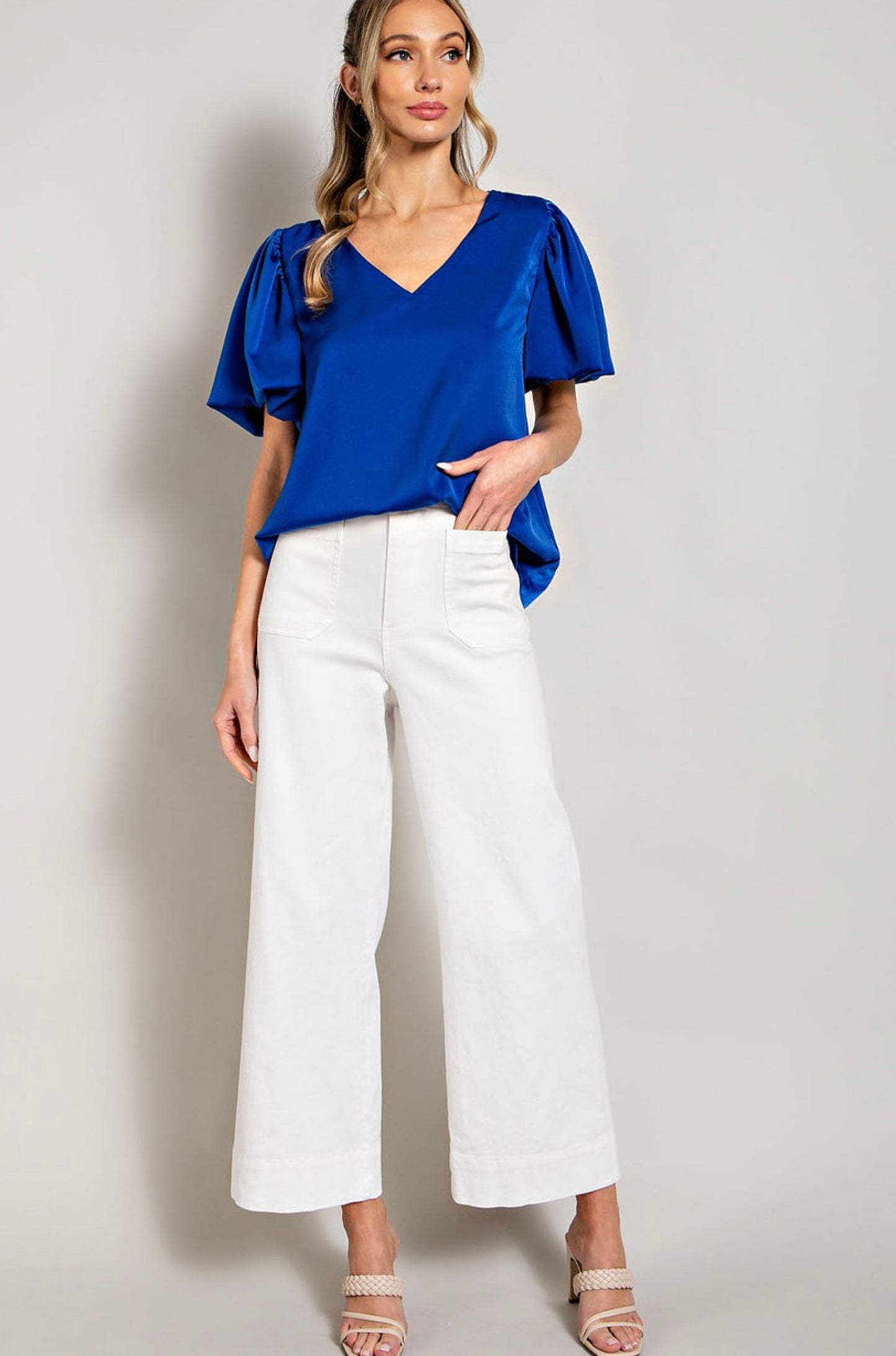 Royal V-Neck Puff Sleeve Blouse