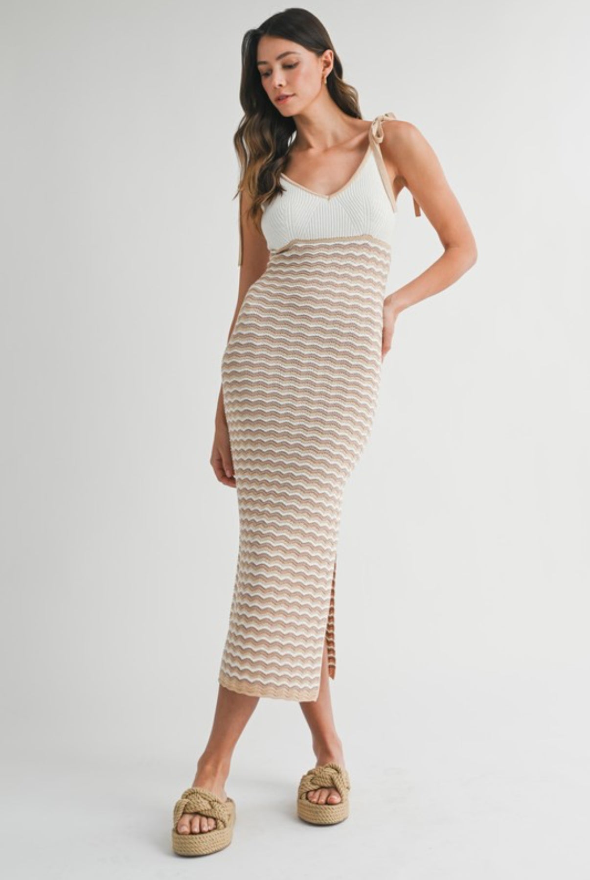 Shoulder Tie Chevron Knit Midi Dress