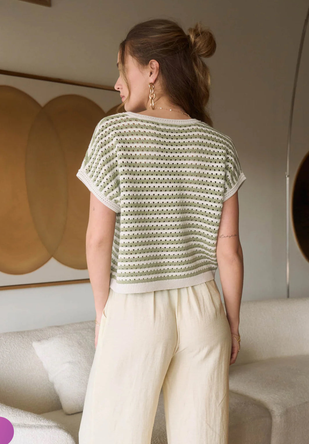 Stripe Crochet Knit Batwing Short Sleeve Sweater