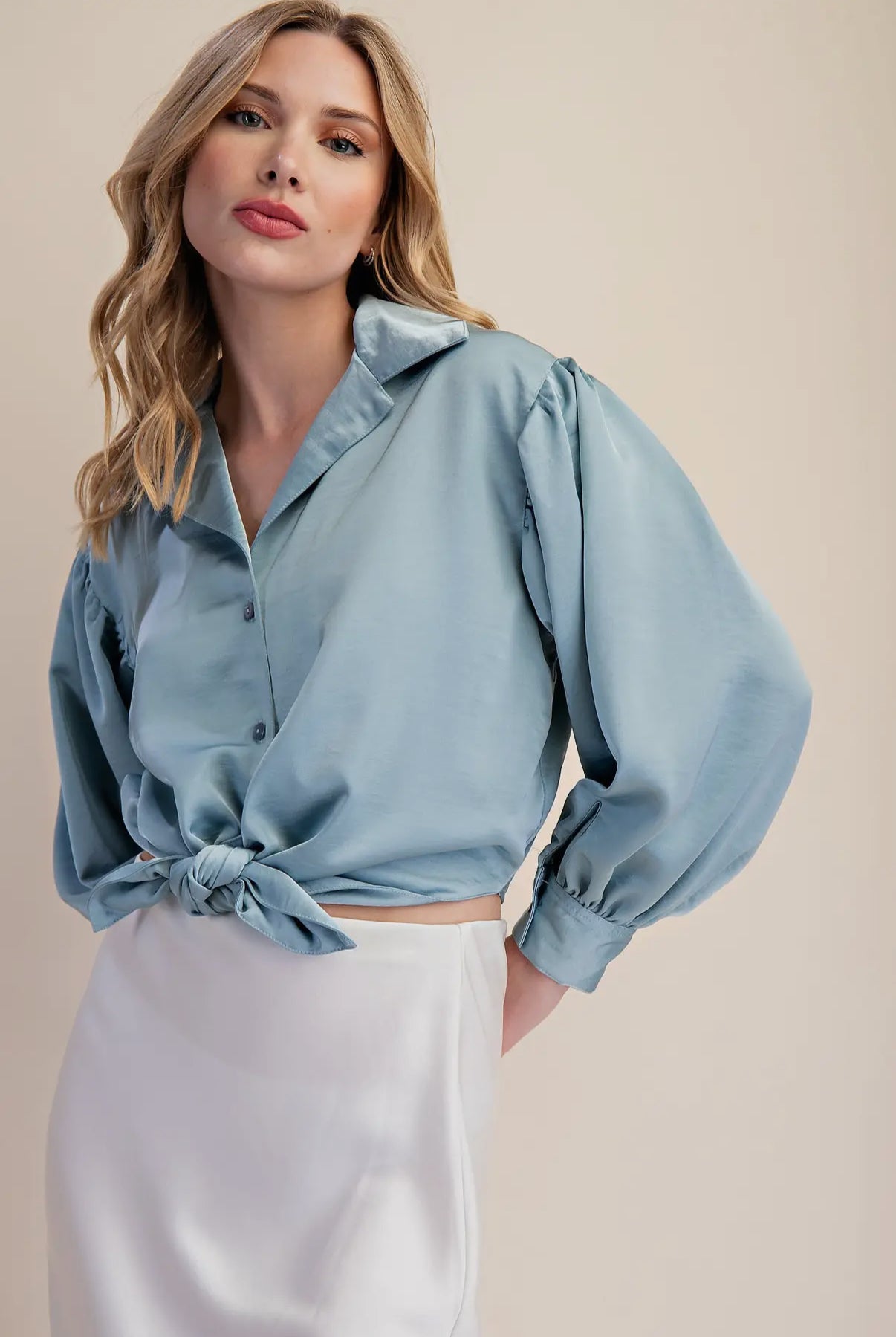 Satin Charm Tie Front Blouse