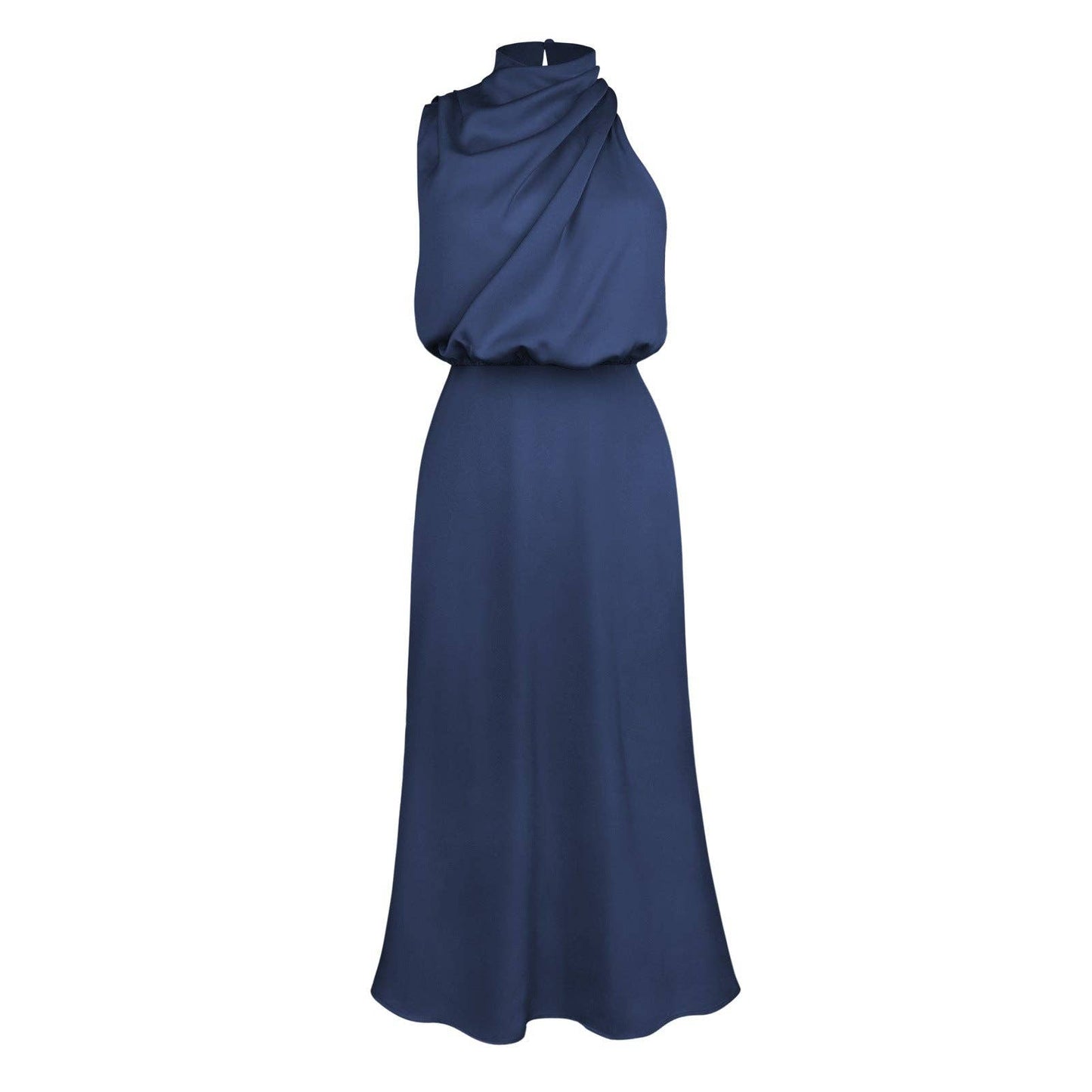 Draped High-Neck Satin Midi Dress