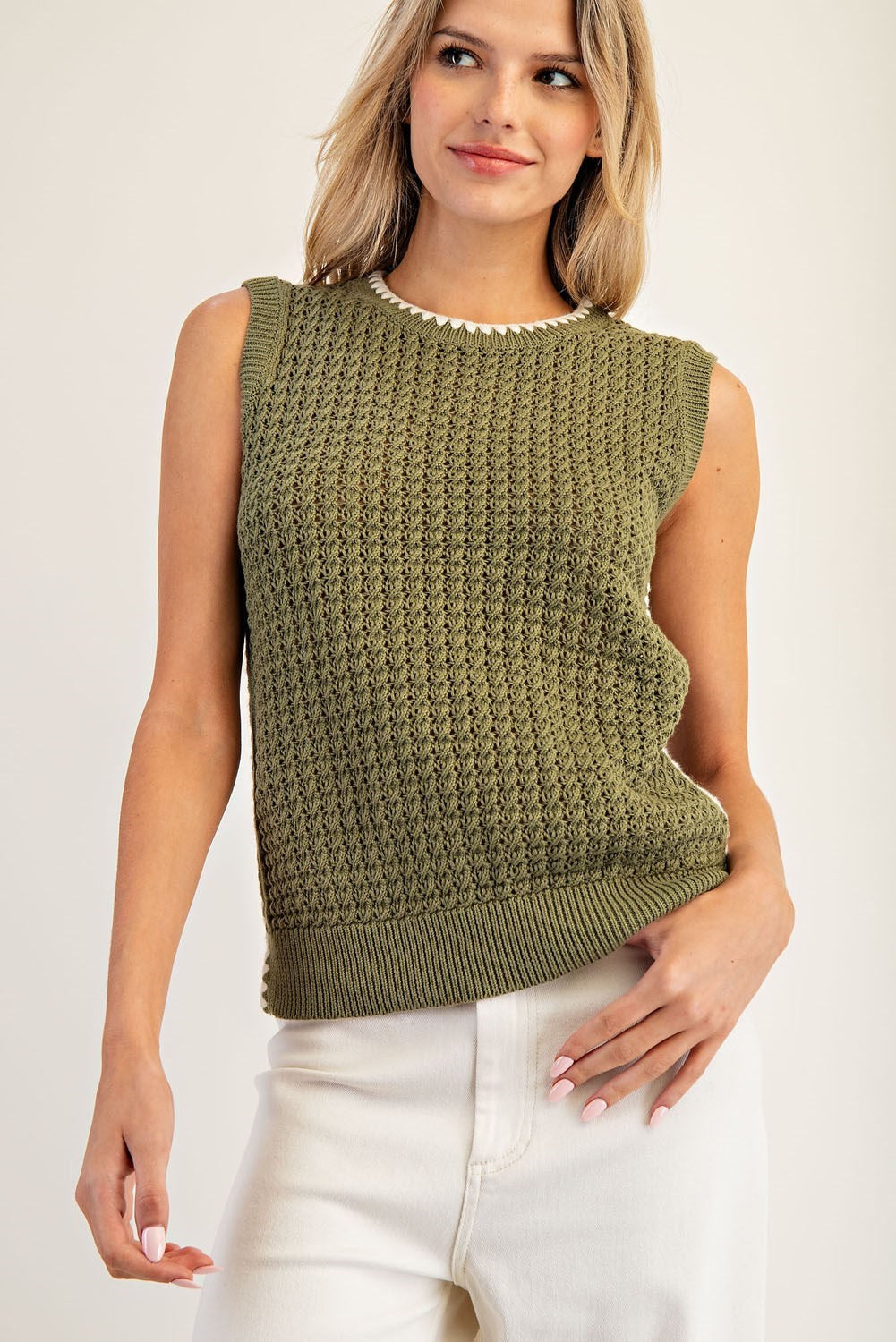 Scalloped Contrast Trim Sweater Tank