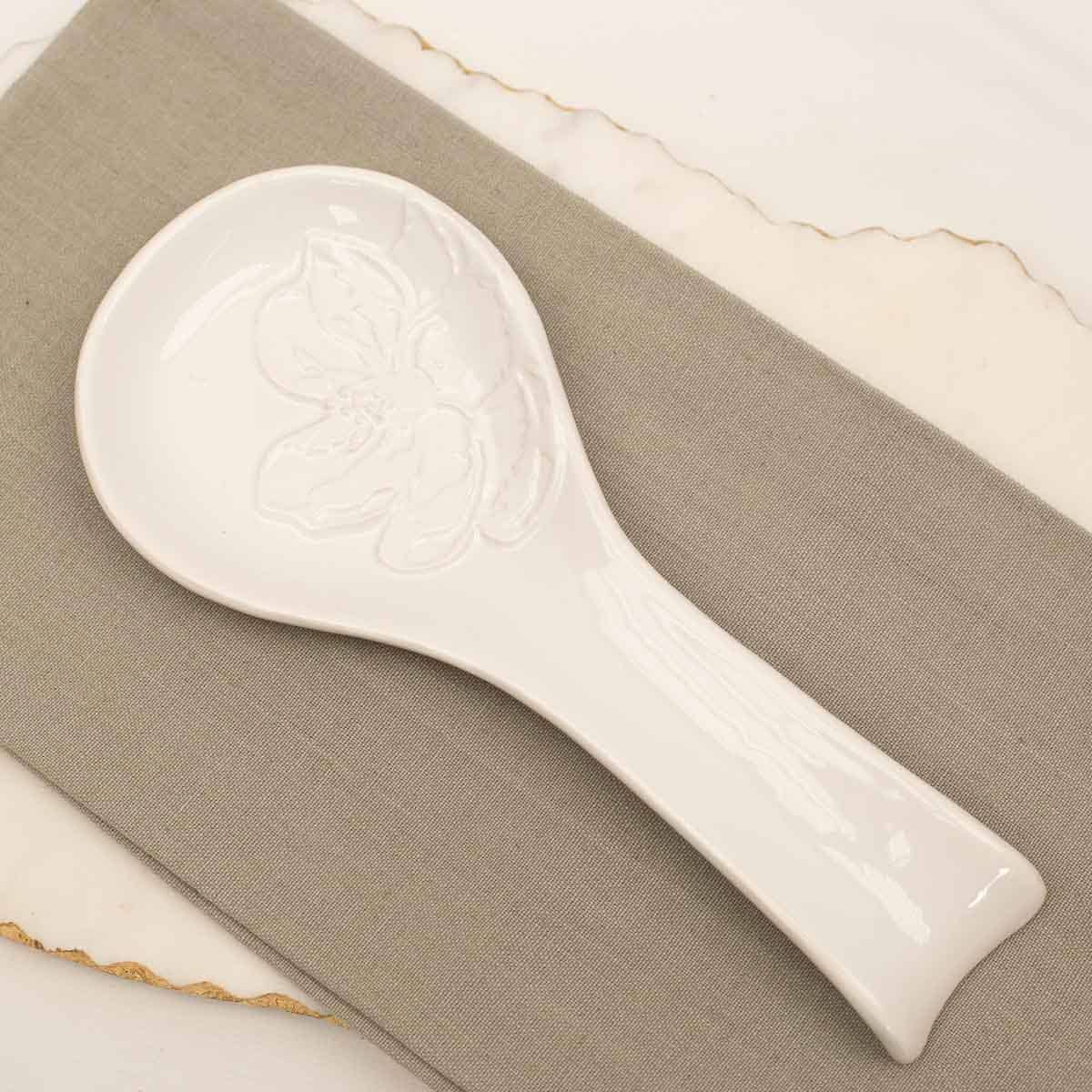 Magnolia Embossed Spoon Rest White 4x9.5