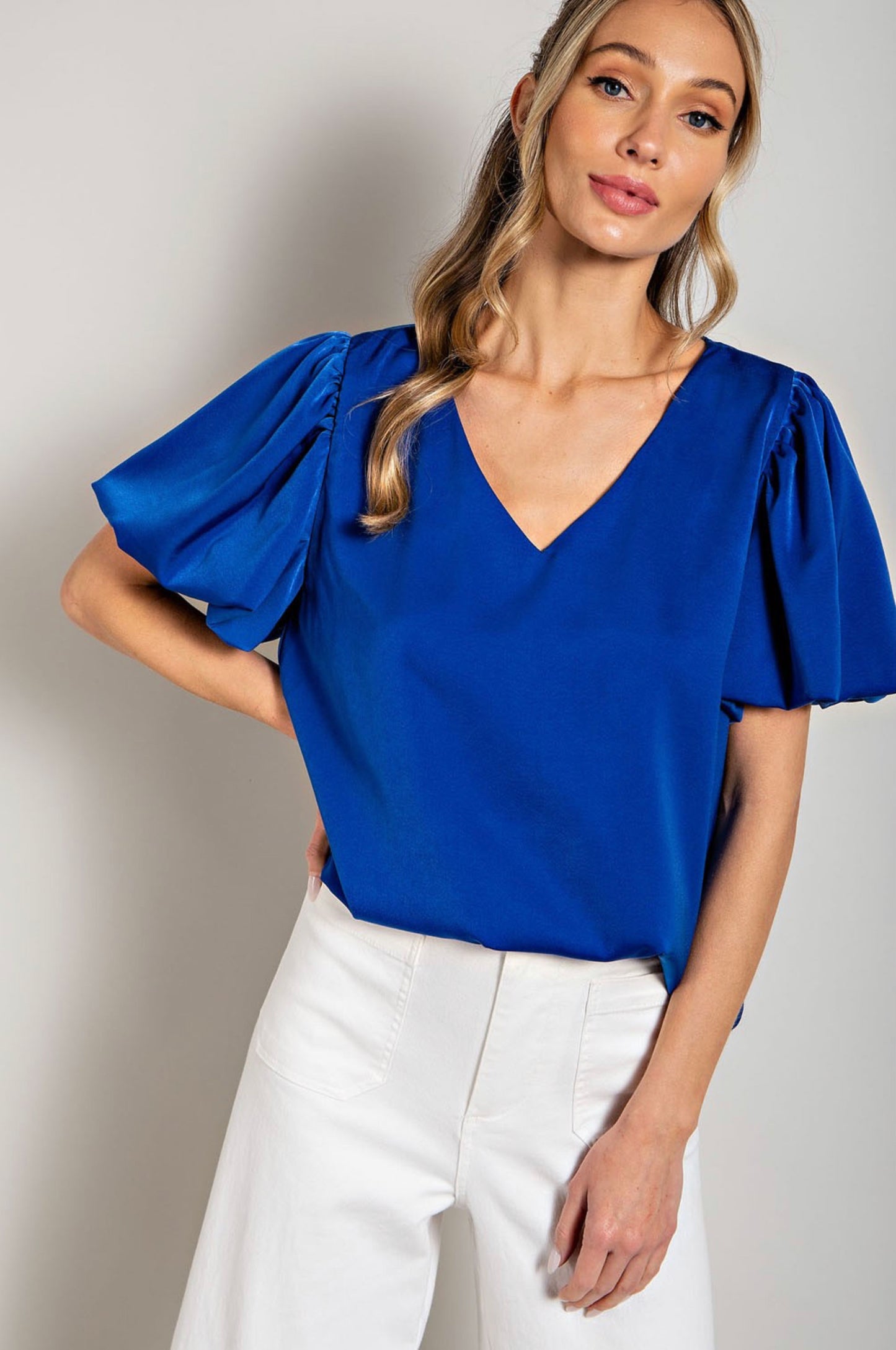 Royal V-Neck Puff Sleeve Blouse