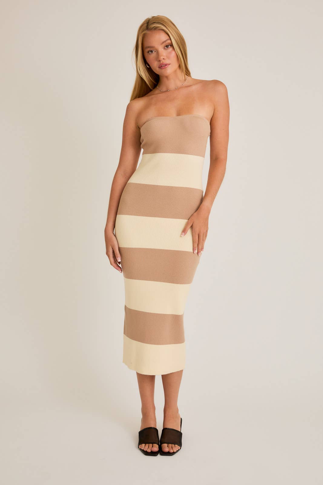 Ivory/Beige Striped Strapless Midi Dress