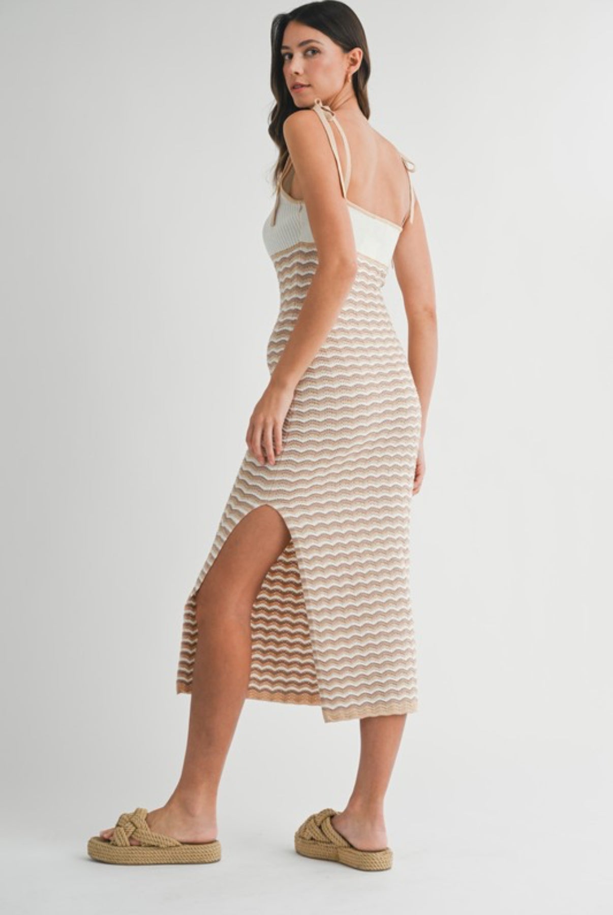 Shoulder Tie Chevron Knit Midi Dress