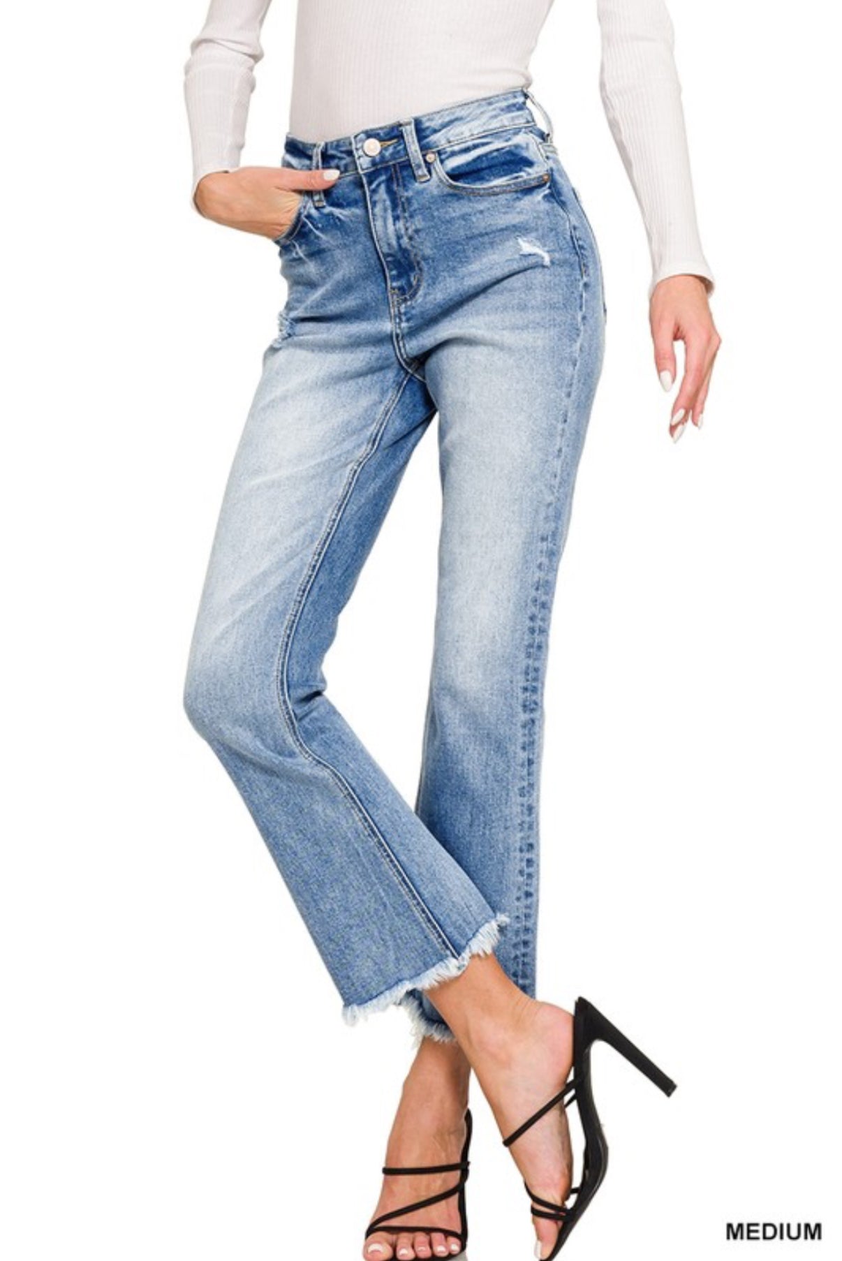 High Rise Straight Raw Hem Jeans