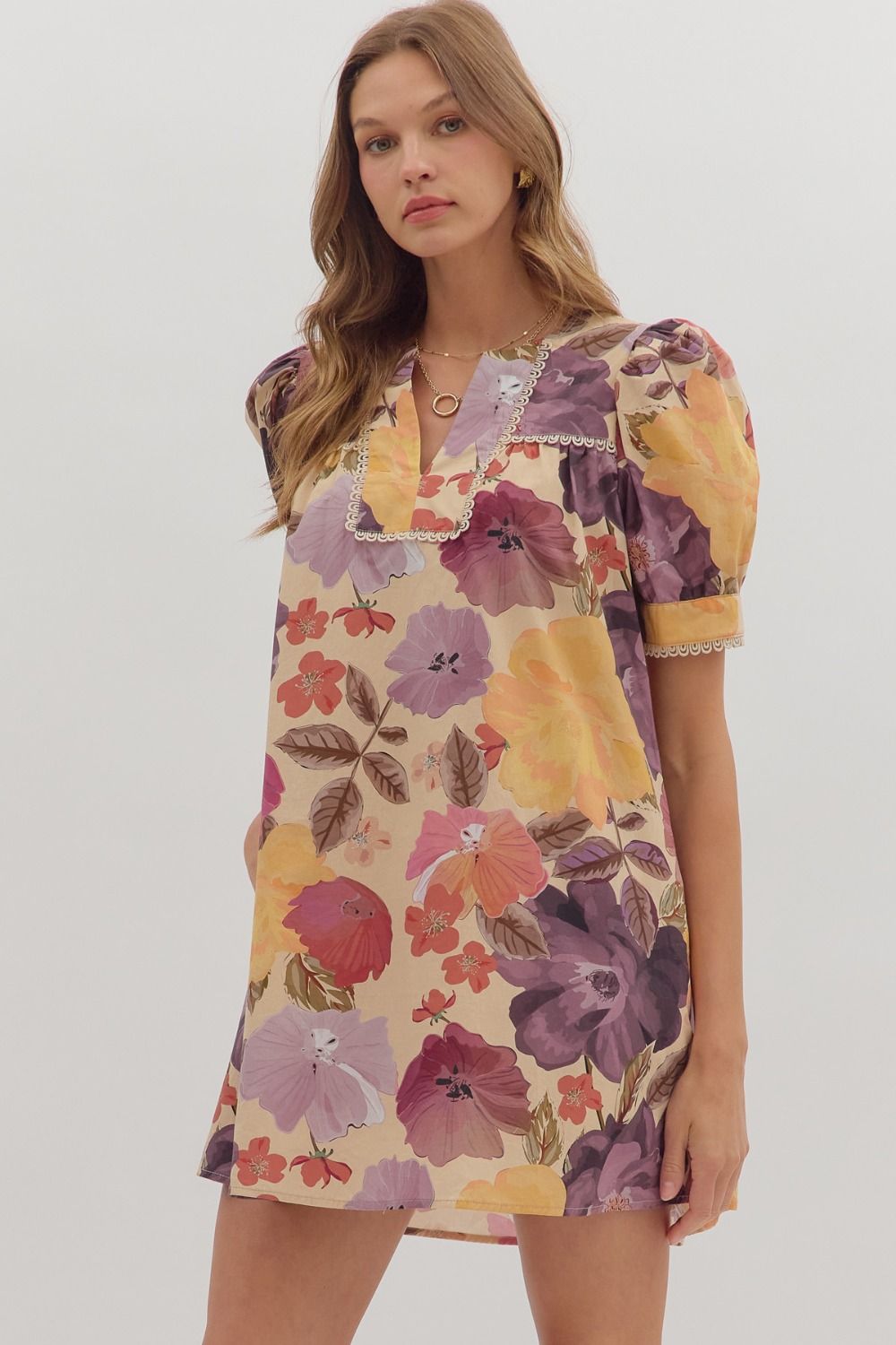 Golden Bloom Puff Sleeve Dress