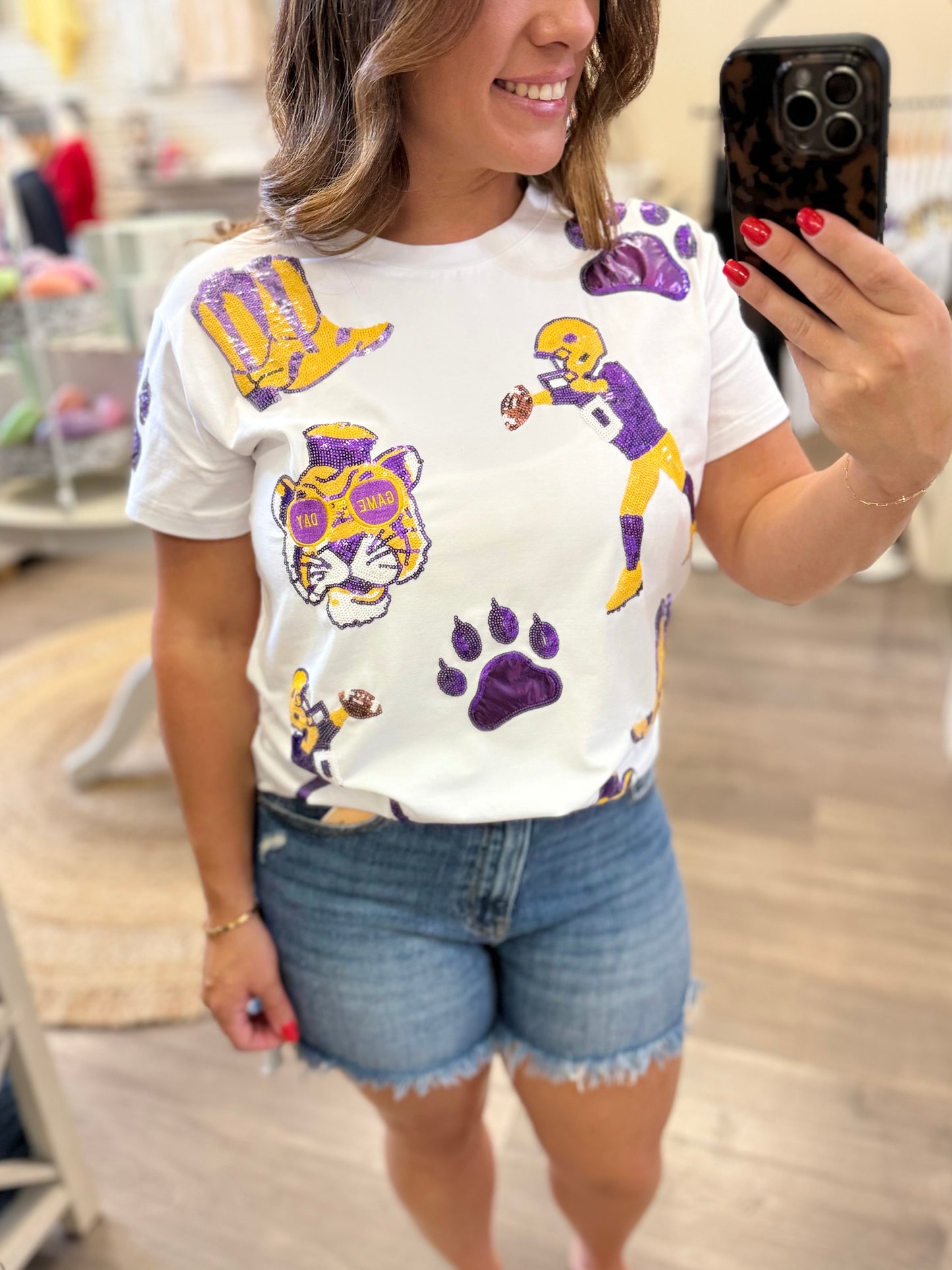 Purple and Yellow Louisiana Tigers Sequin T-Shirt