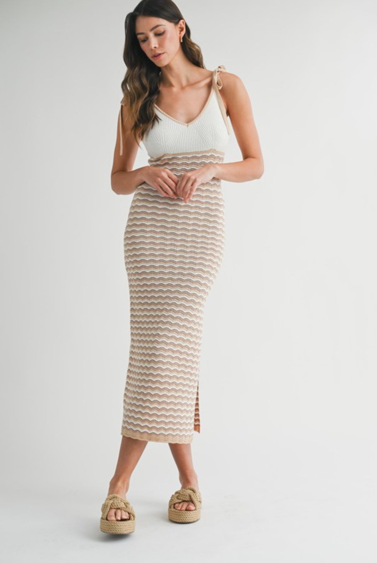 Shoulder Tie Chevron Knit Midi Dress