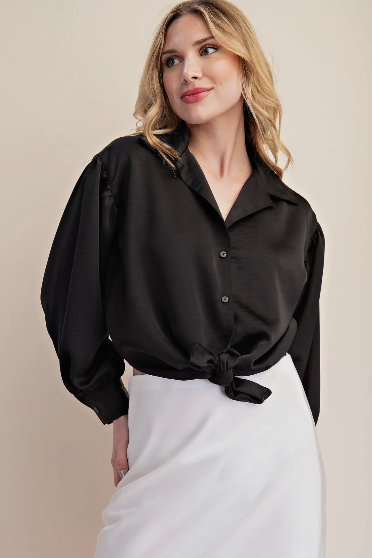 Satin Charm Tie Front Blouse