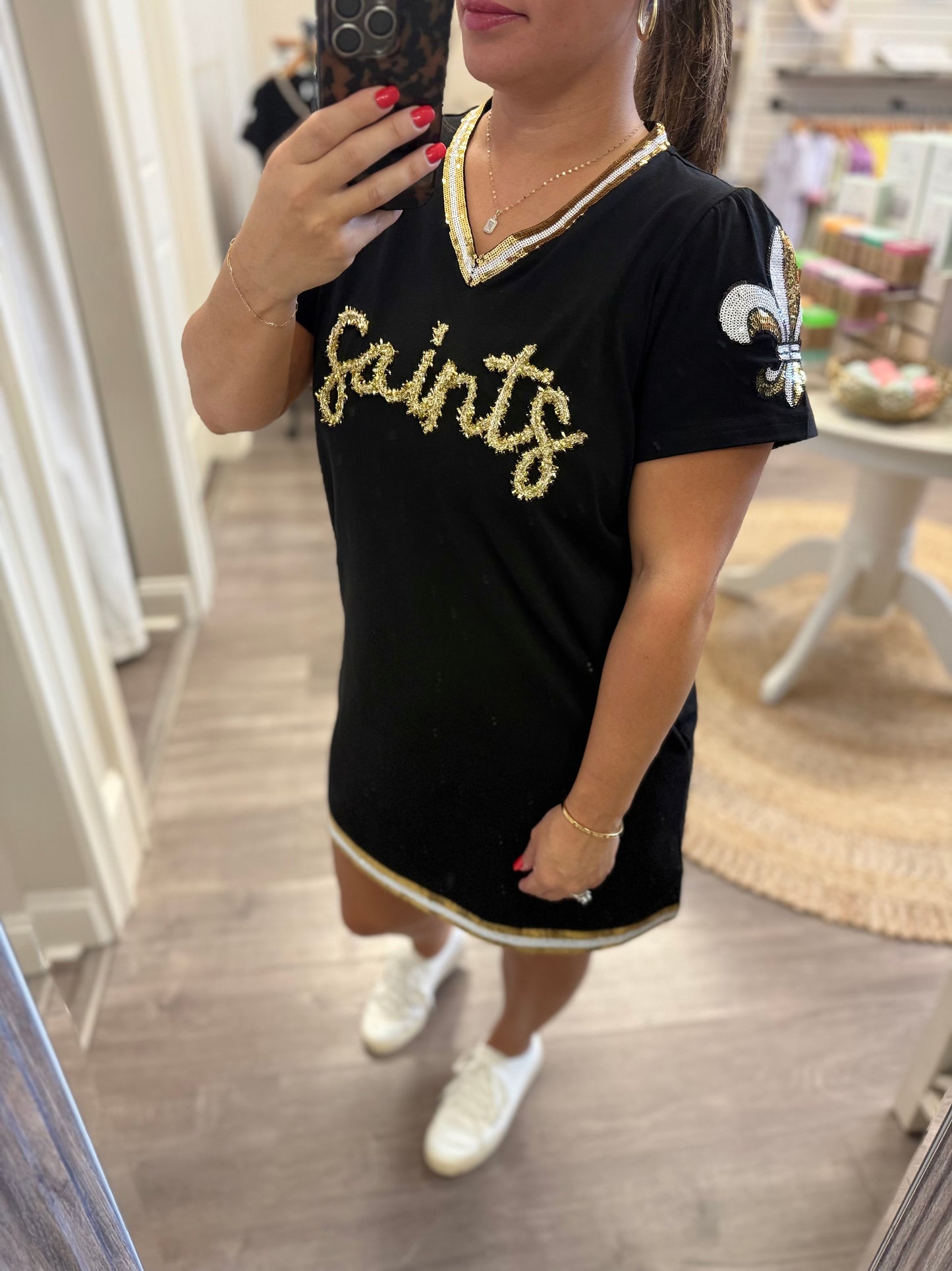 Black & Gold Gameday Glitter Script Tinsel Dress