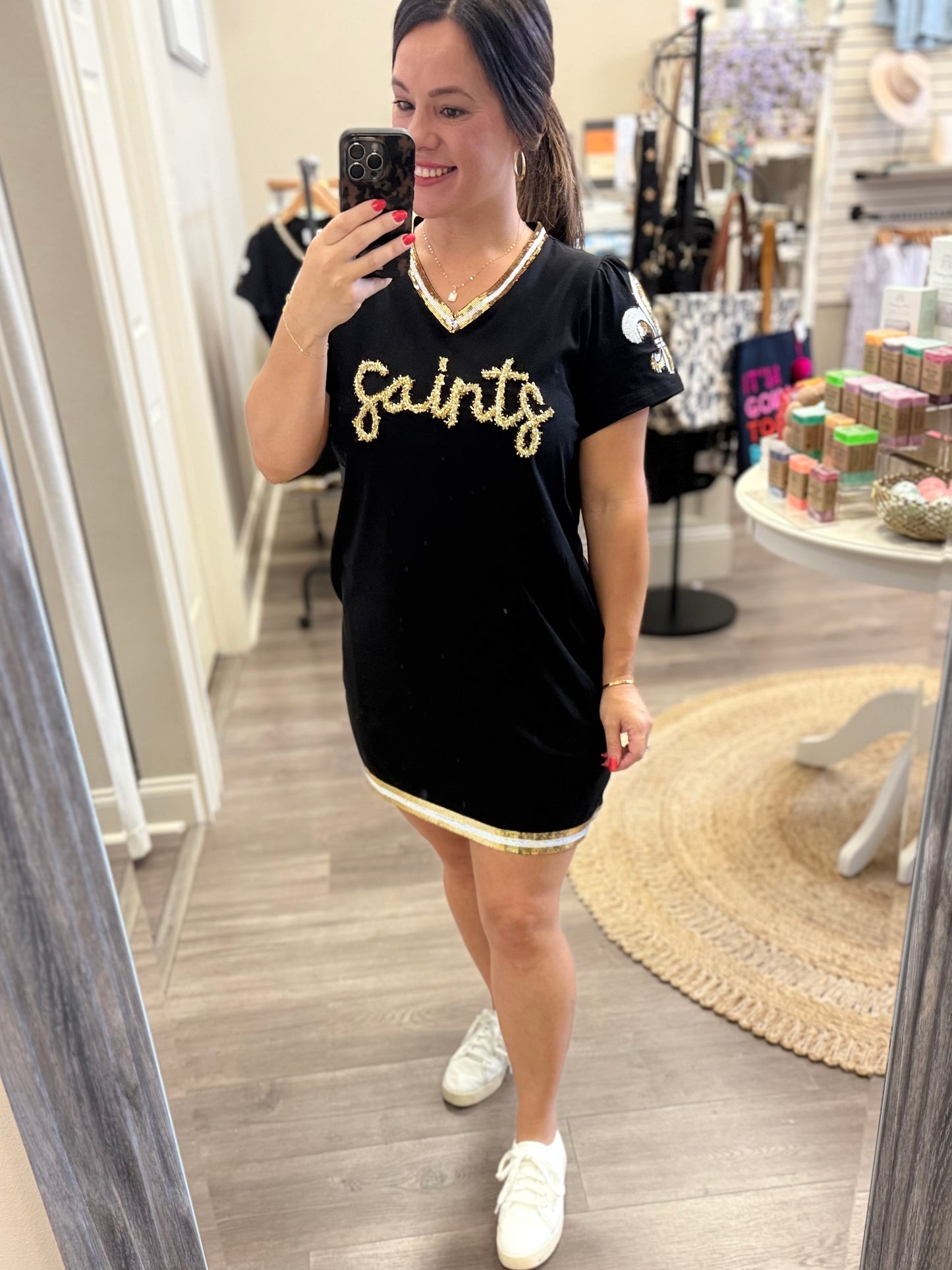 Black & Gold Gameday Glitter Script Tinsel Dress