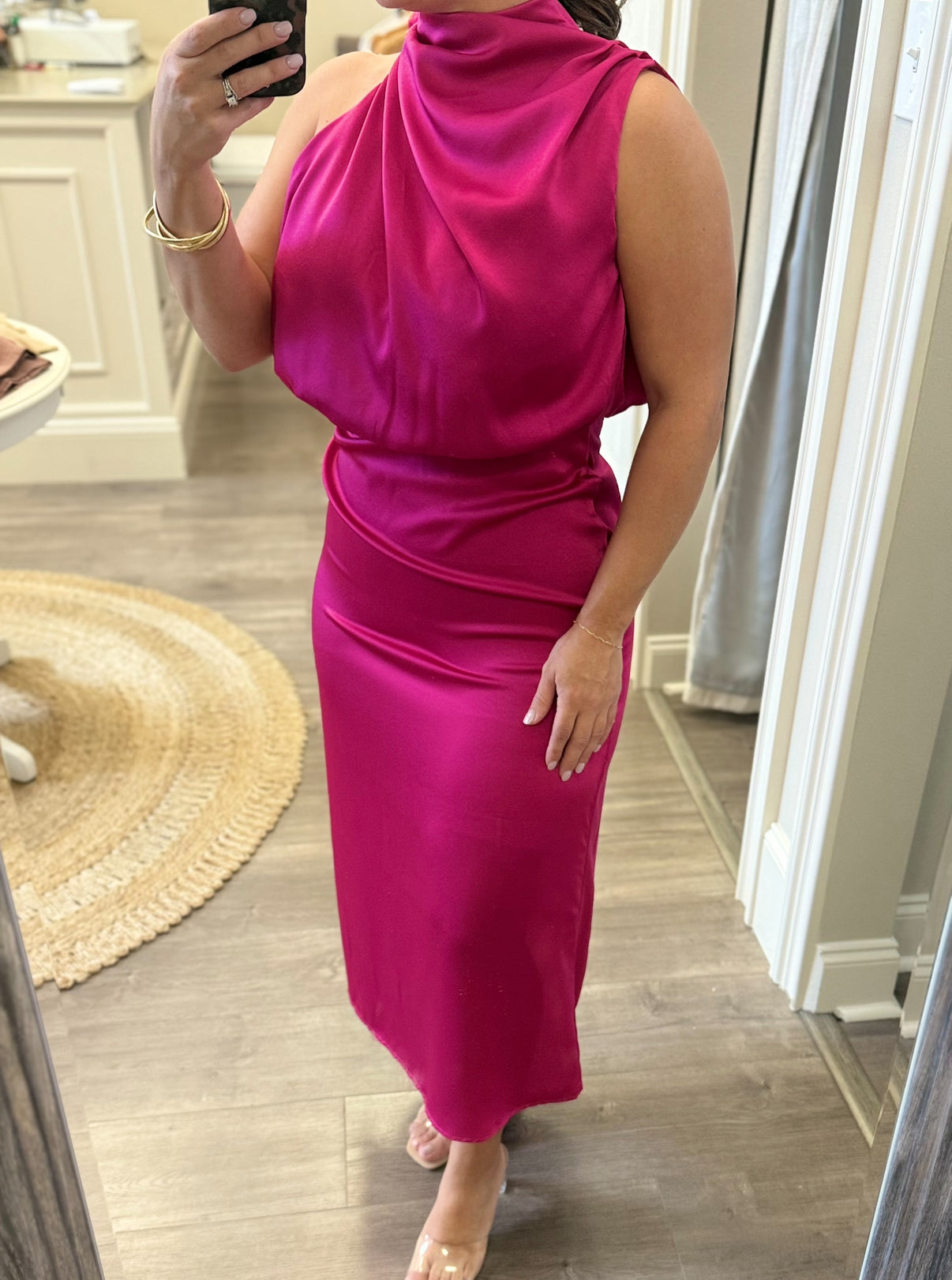 Draped High-Neck Satin Midi Dress