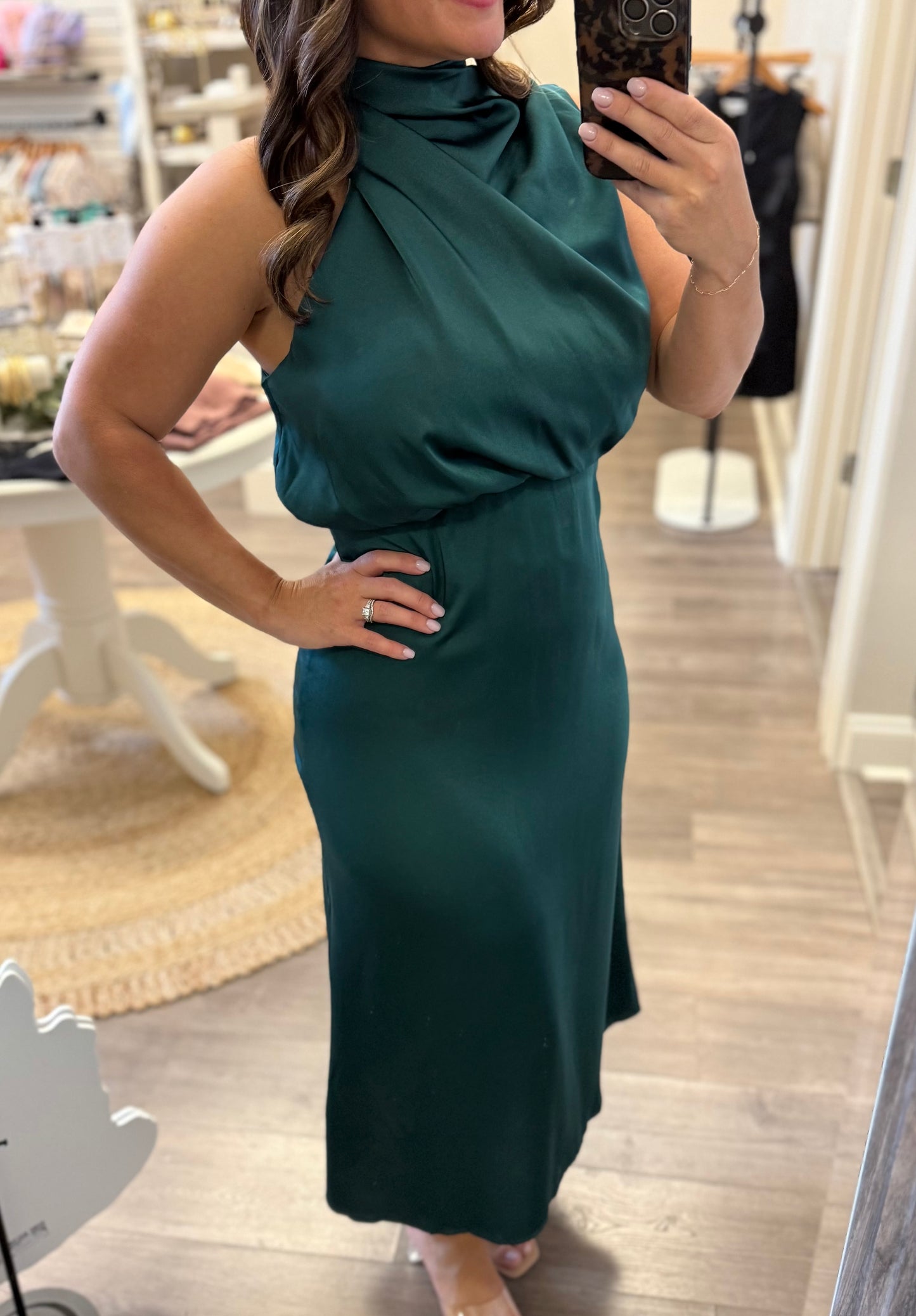 Draped High-Neck Satin Midi Dress