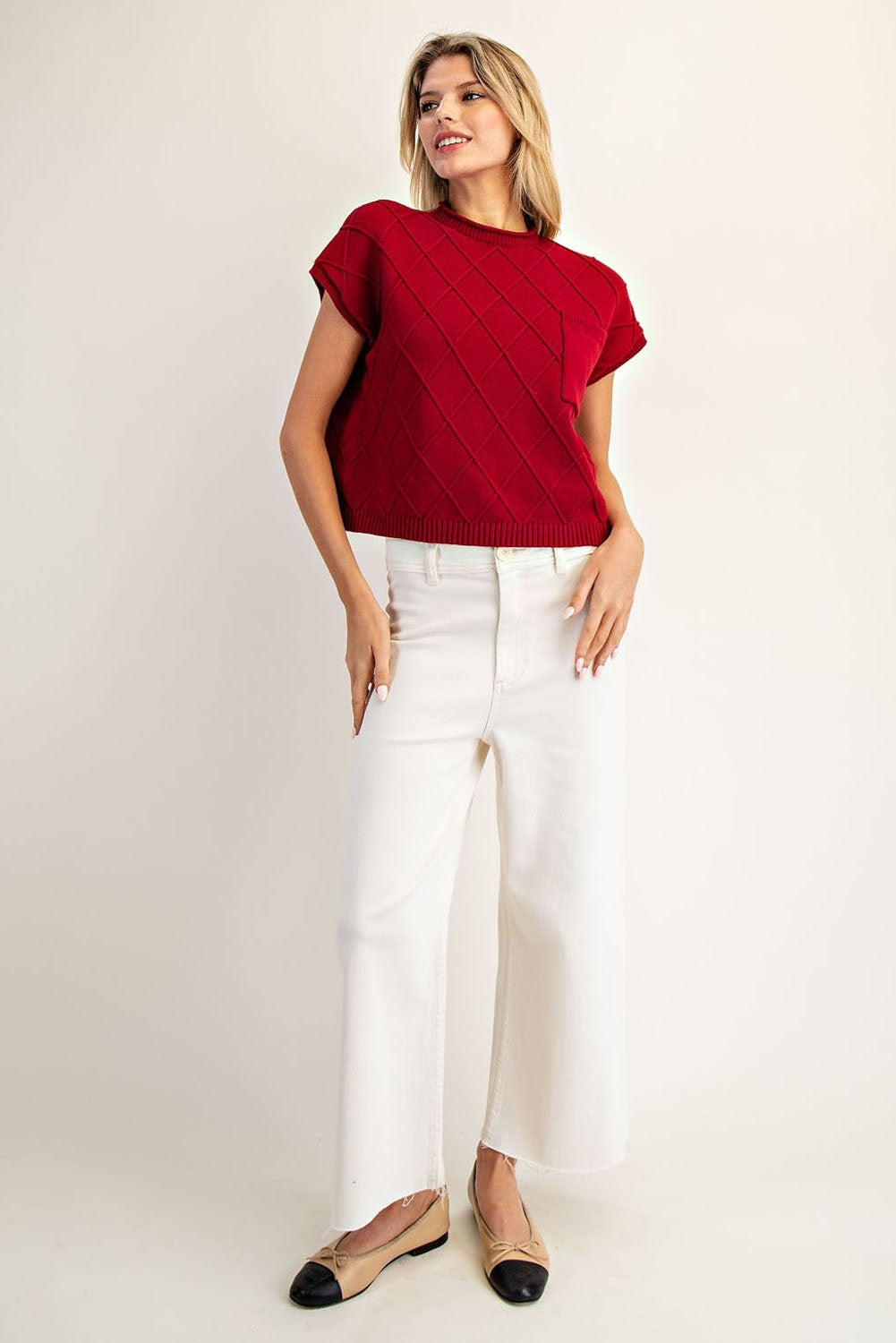 Textured Diamond Knit Cap Sleeve Sweater