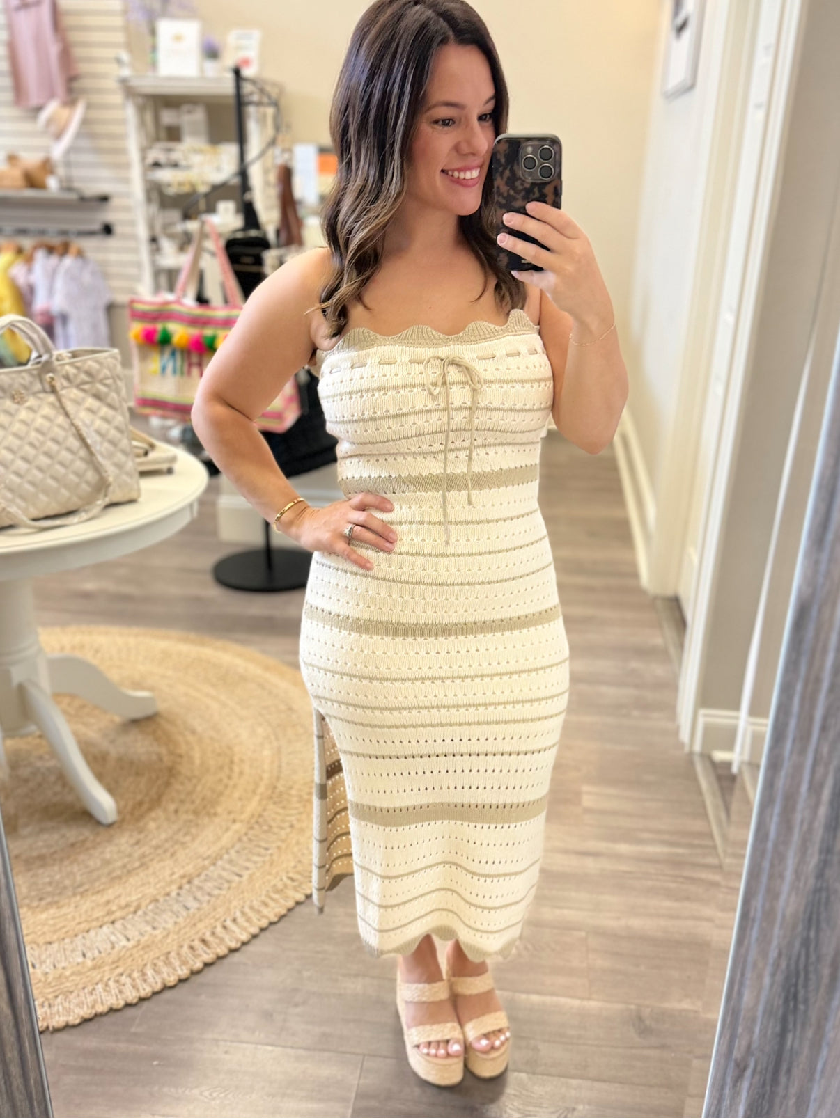 Striped Crochet Knit Midi Dress