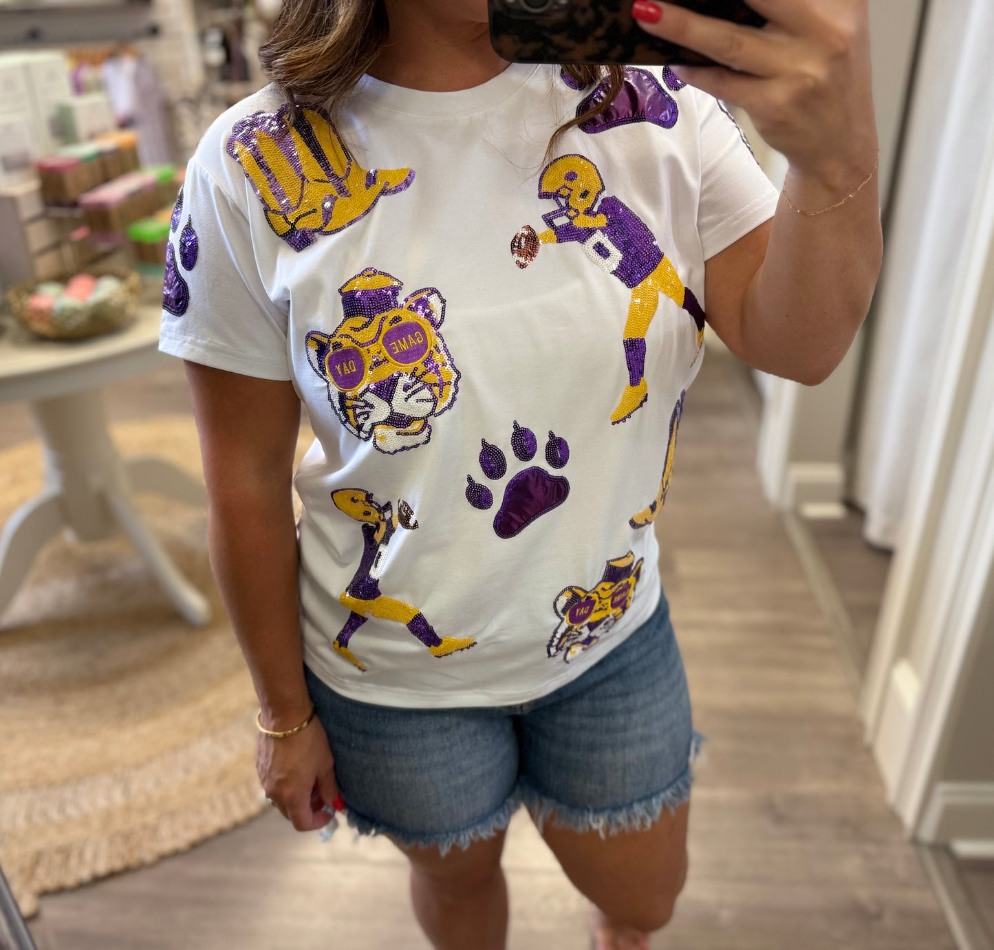 Purple and Yellow Louisiana Tigers Sequin T-Shirt