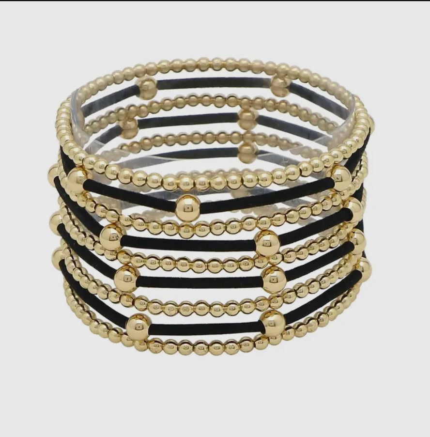 Black & Gold Multi Layered Beaded Stretch Bracelet