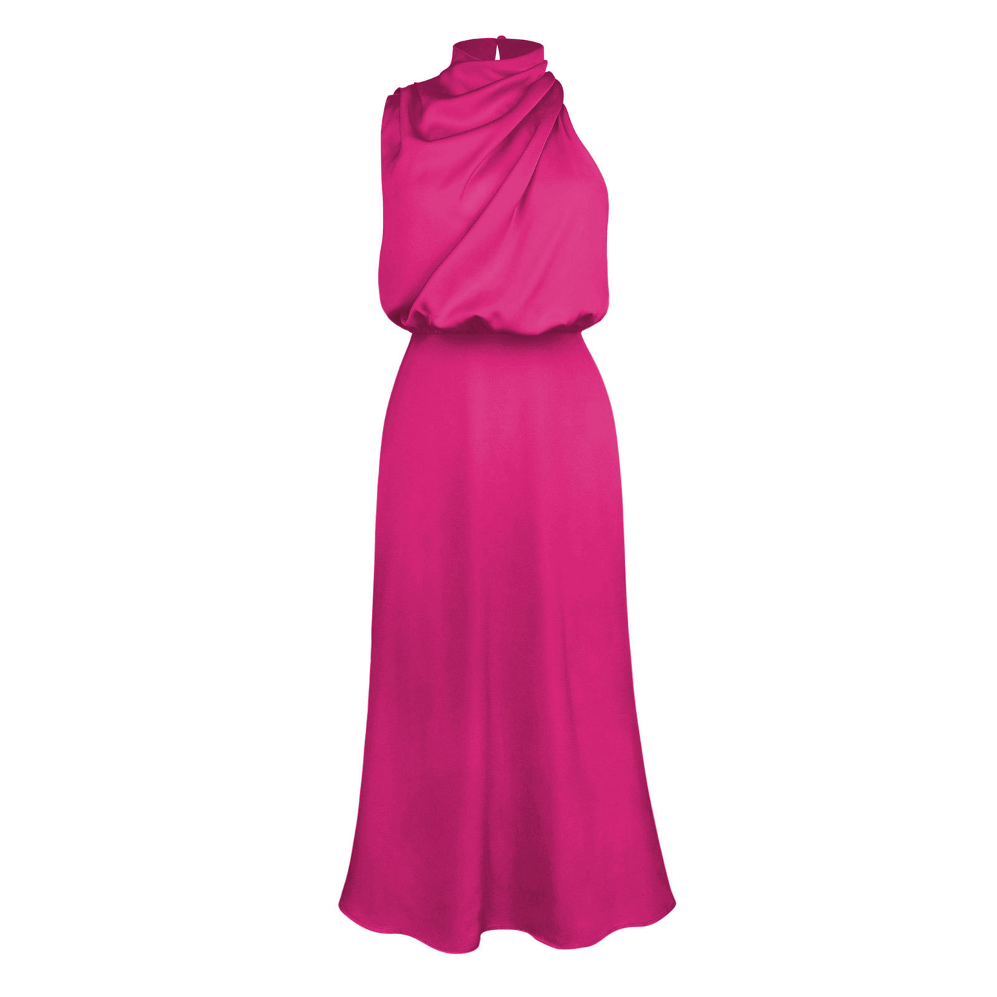 Draped High-Neck Satin Midi Dress