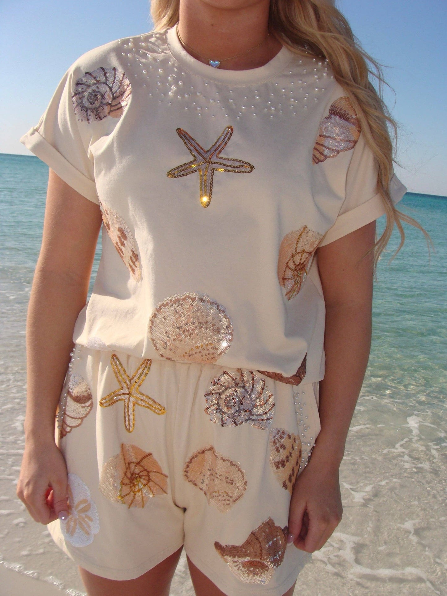 Seashells Sequin & Pearl 2 Piece Set (Cream)