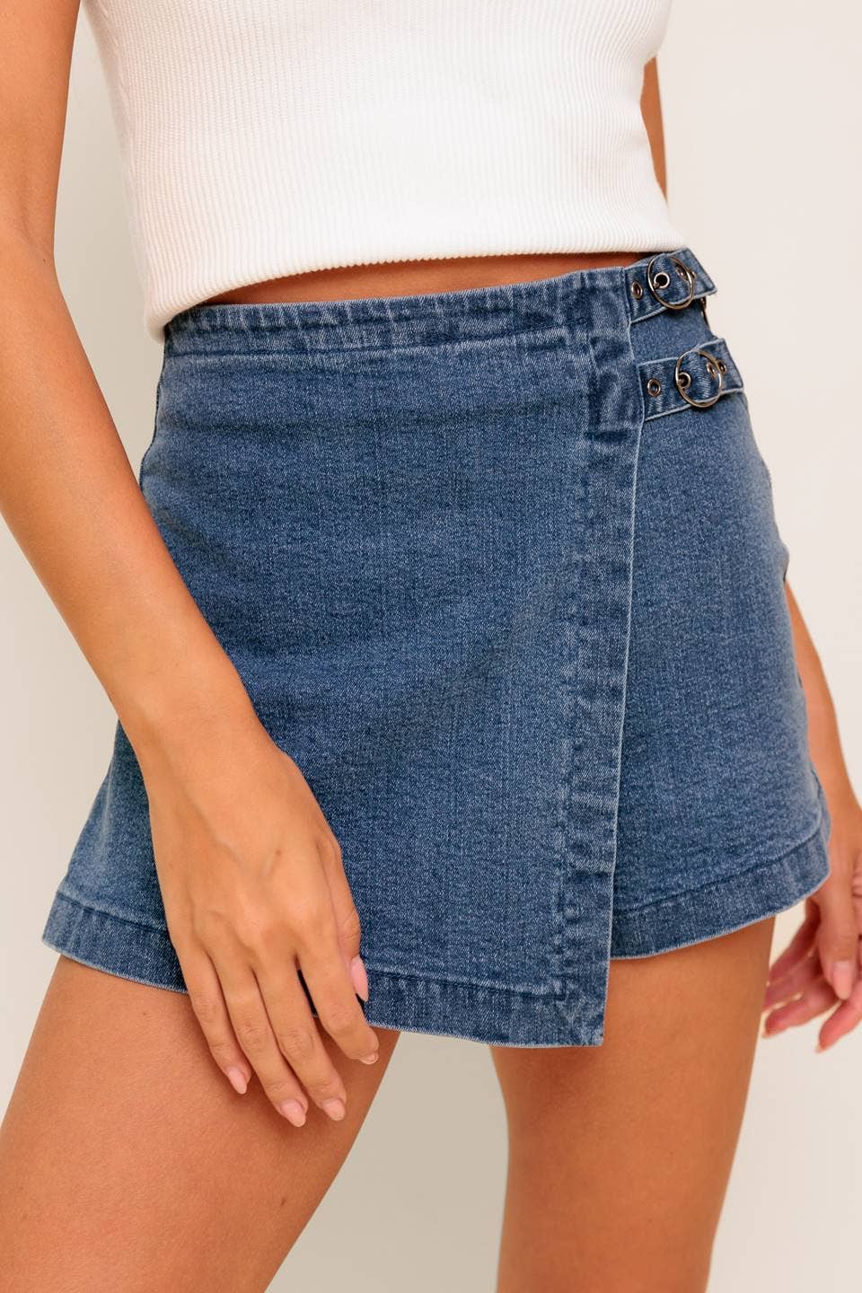 Washed Denim Buckle Skort